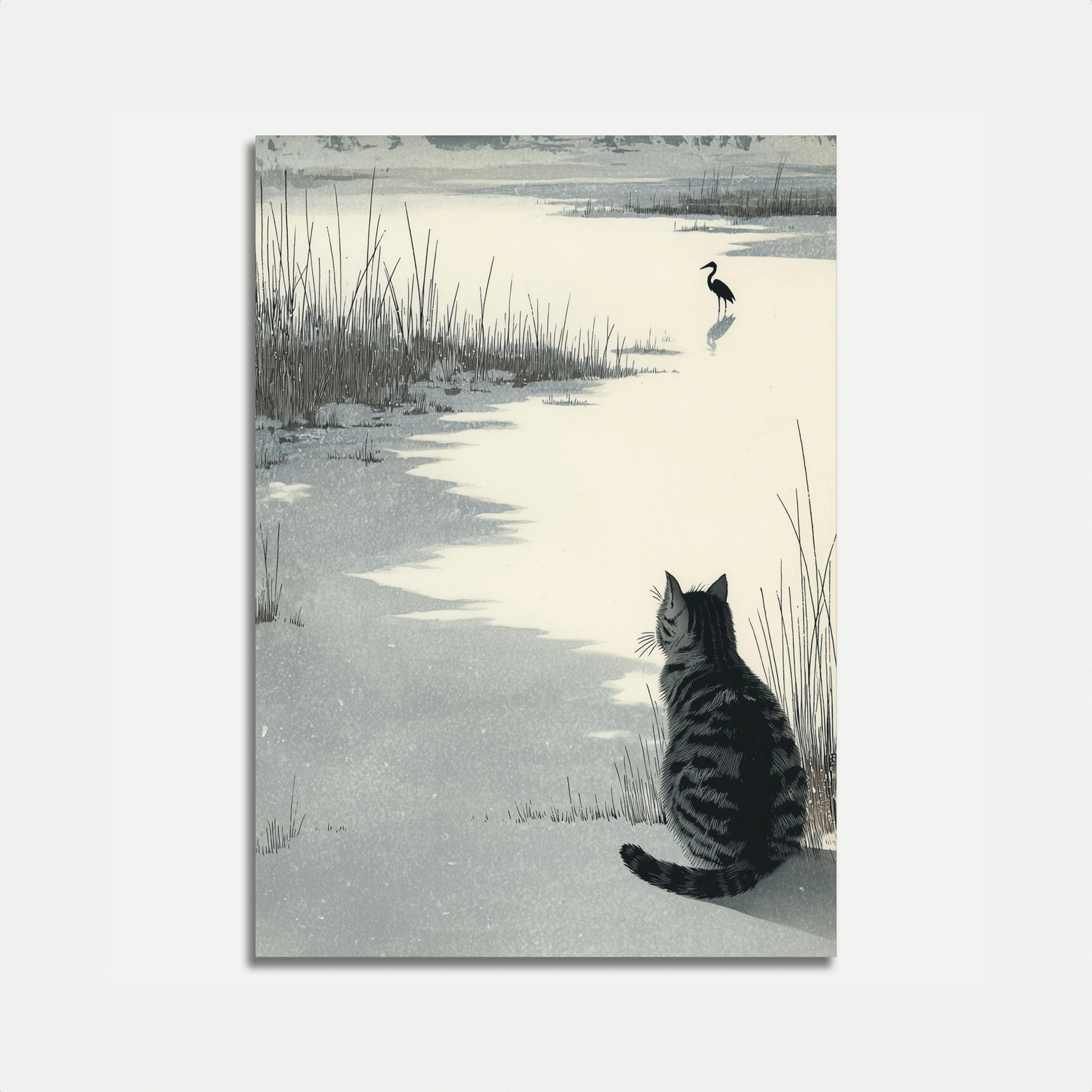 Cat Watching Heron by Water Poster