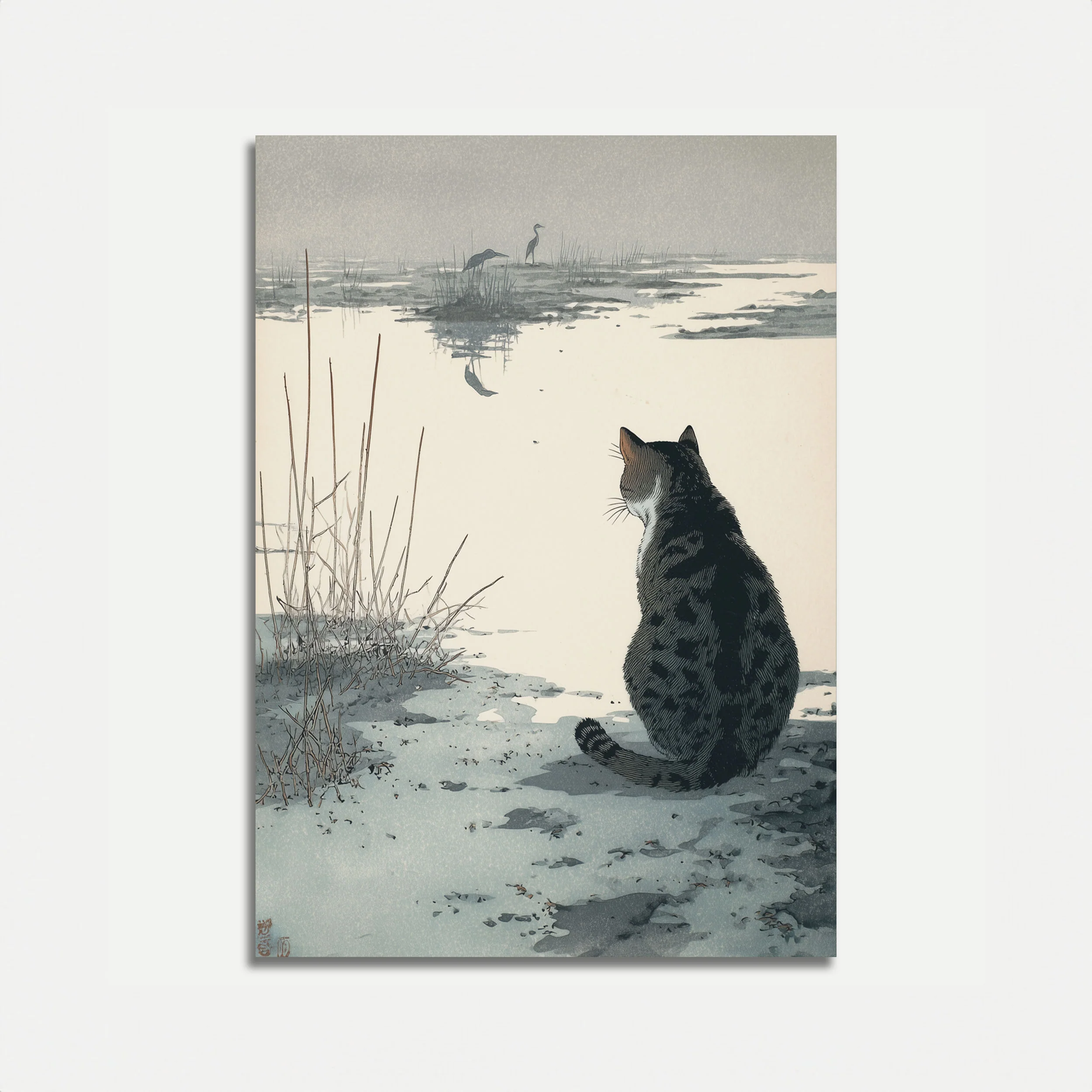 Cat Watching Herons at Wetland Poster