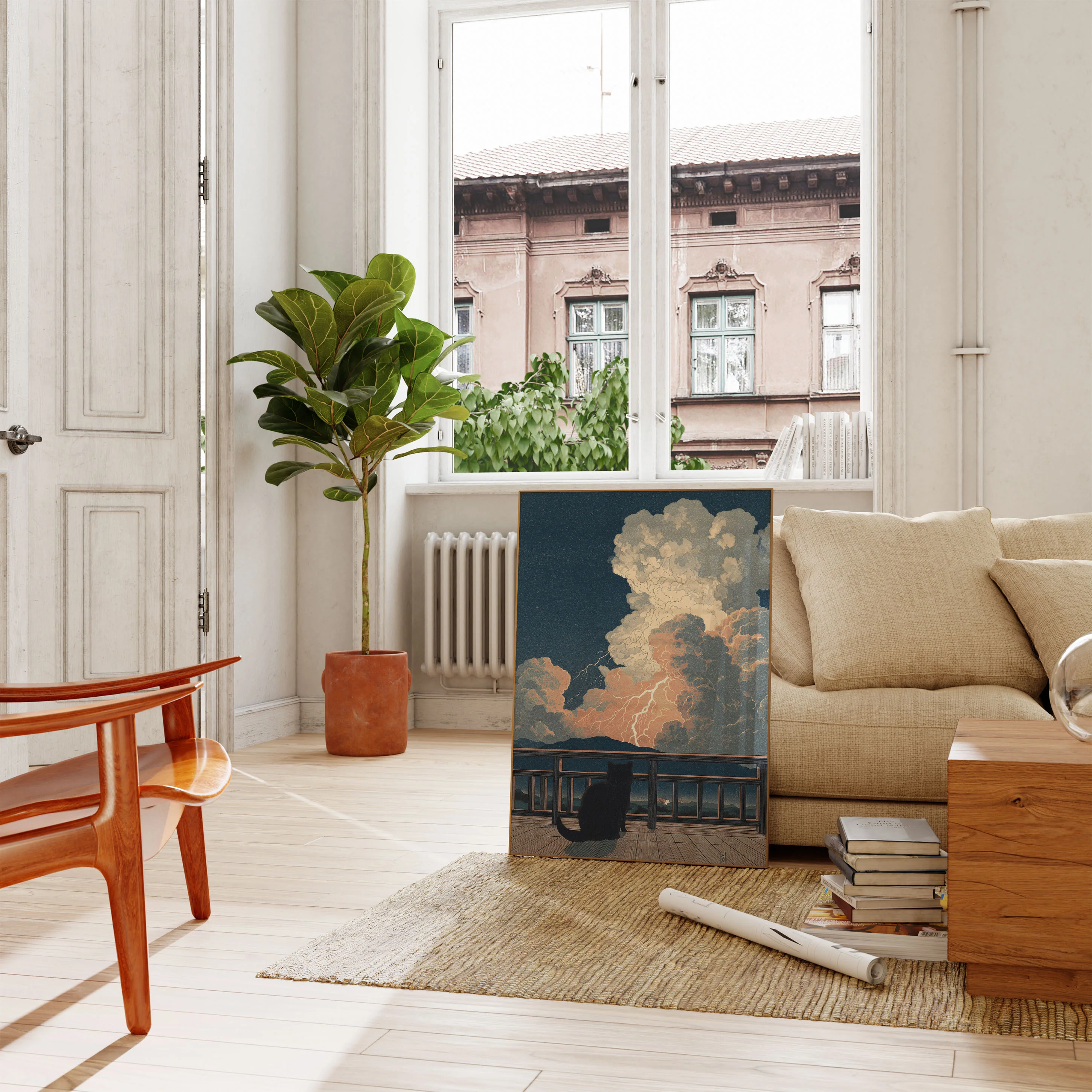 Cat Watching Lightning Storm Poster - Image 2