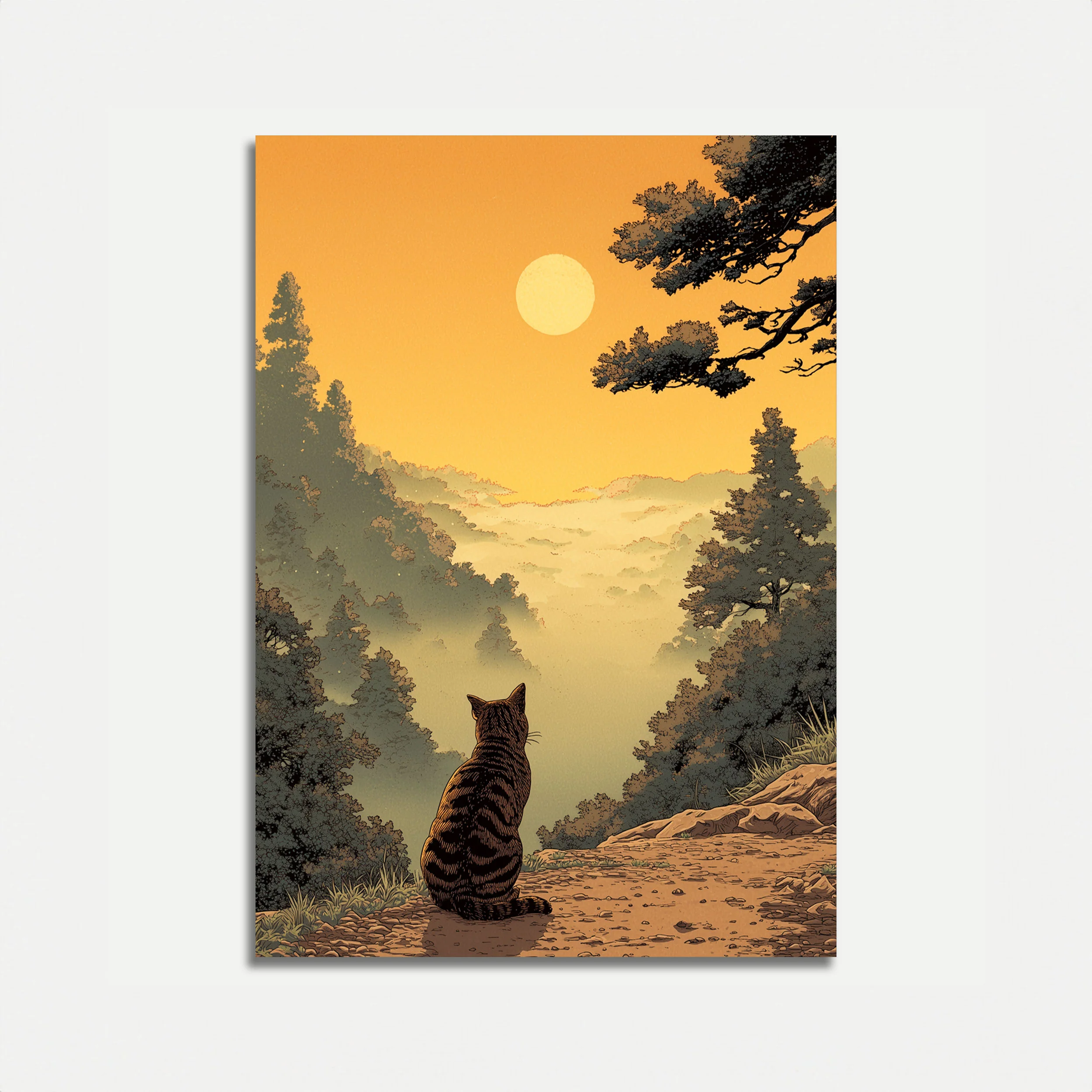 Cat Watching Misty Mountain Poster