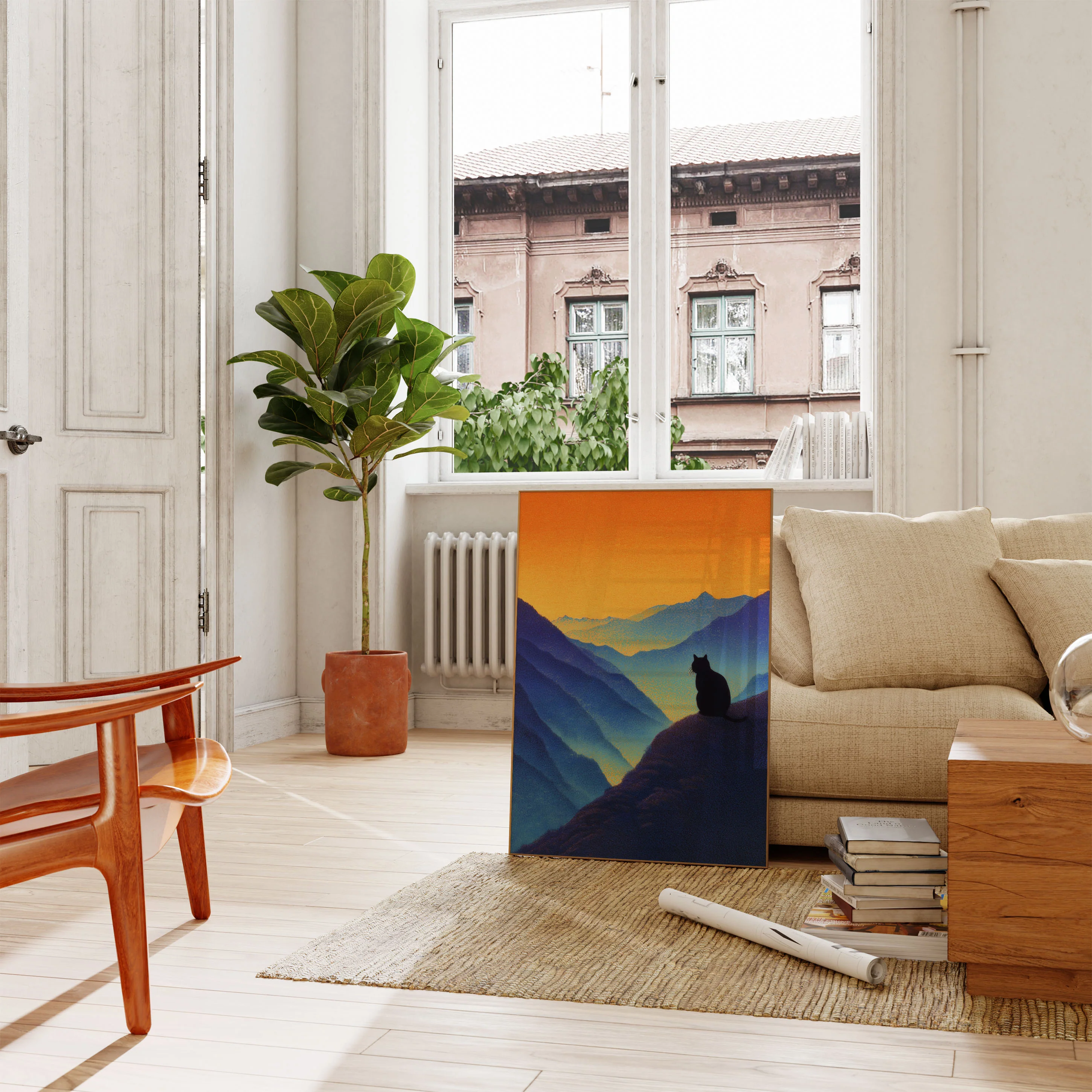Cat Watching Mountain Sunset Poster - Image 2