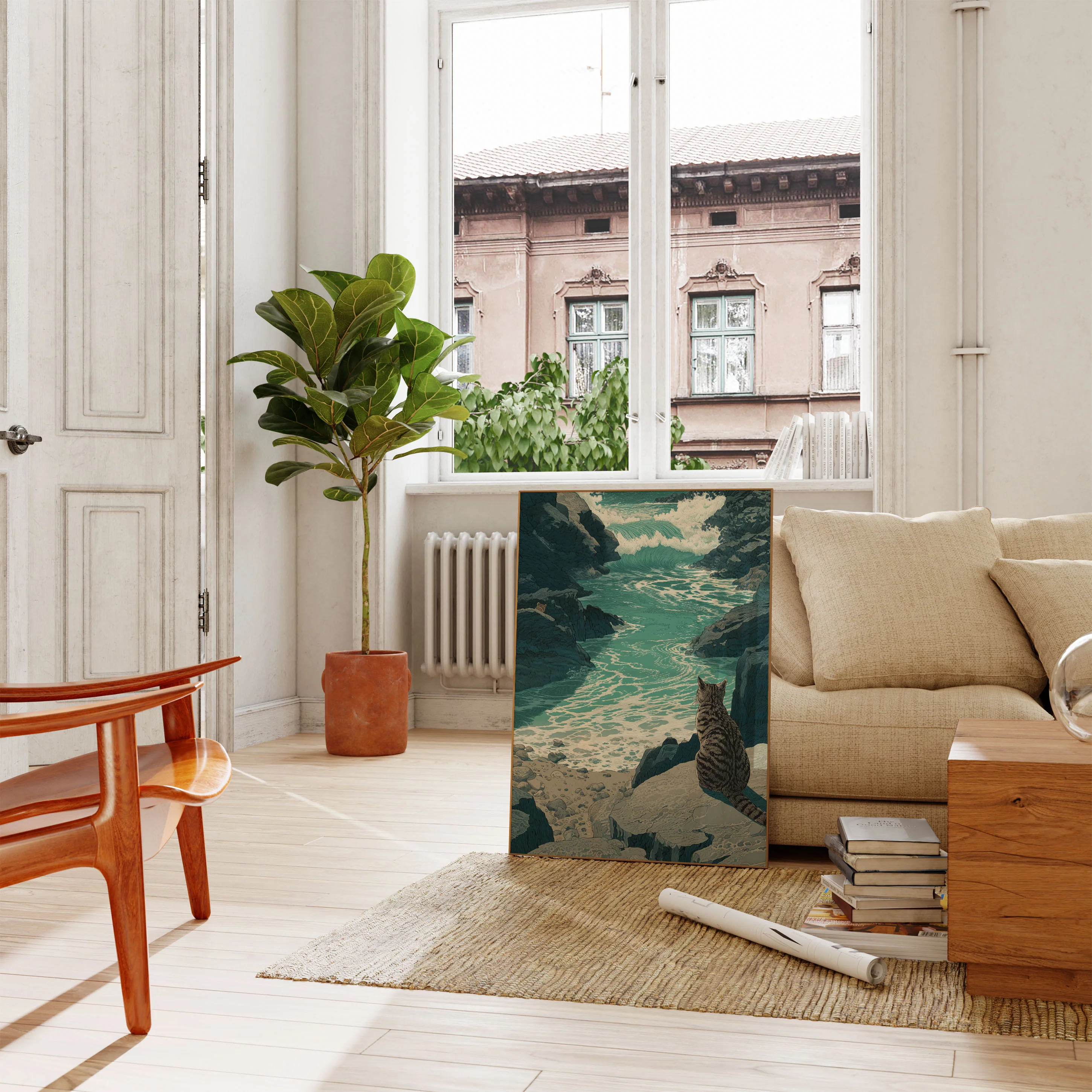 Cat Watching Ocean Waves Poster - Image 2
