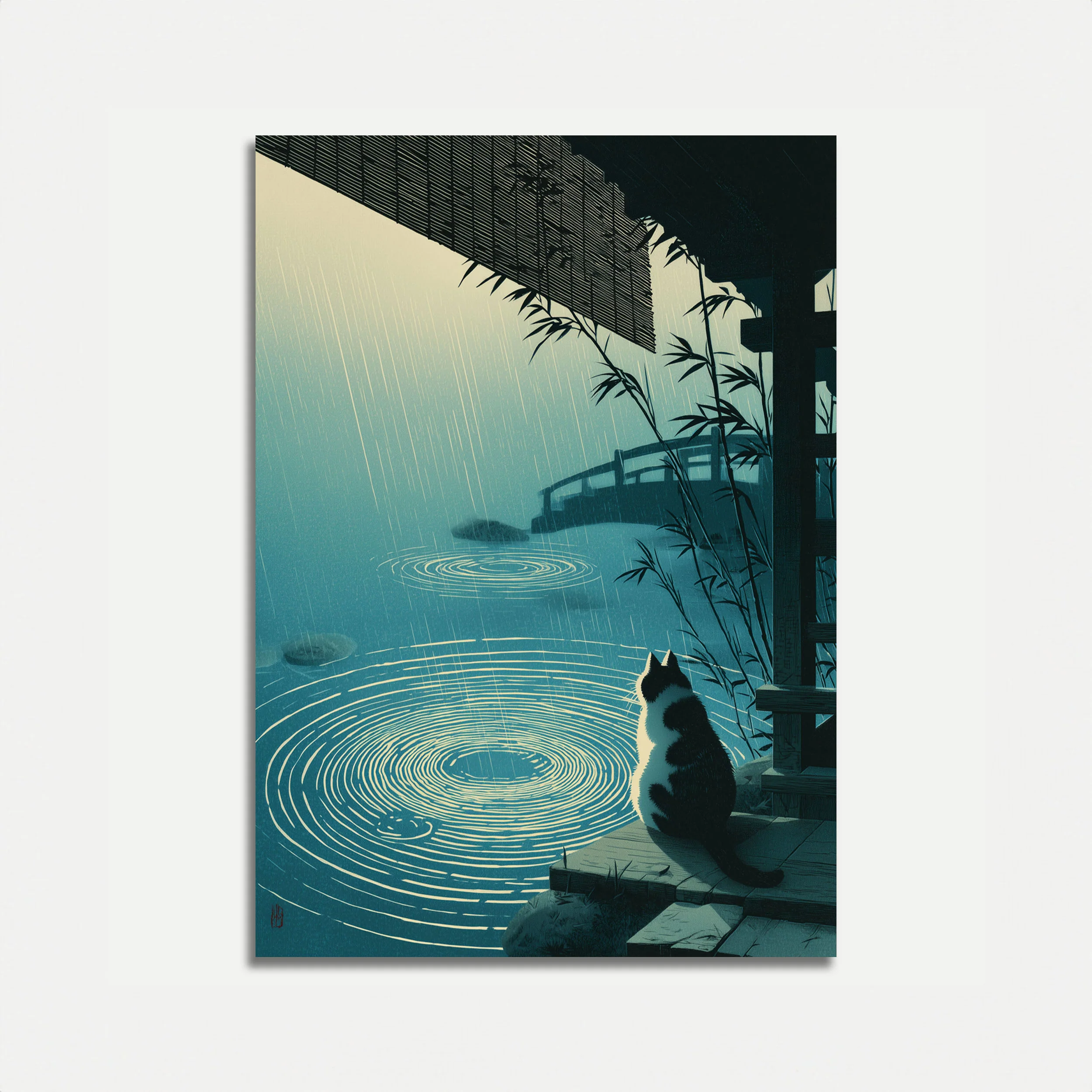 Cat Watching Rain Ripples Poster