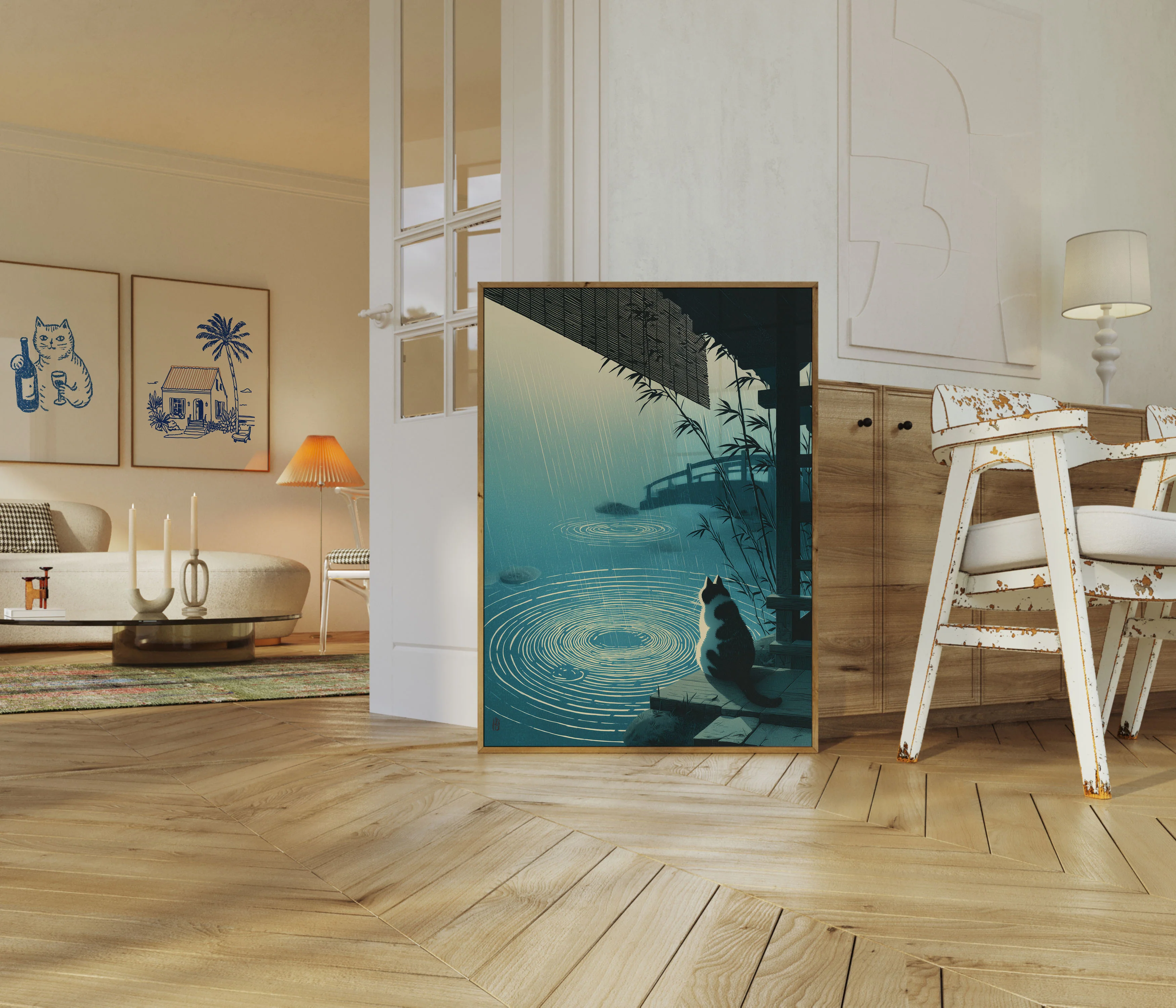 Cat Watching Rain Ripples Poster - Image 5