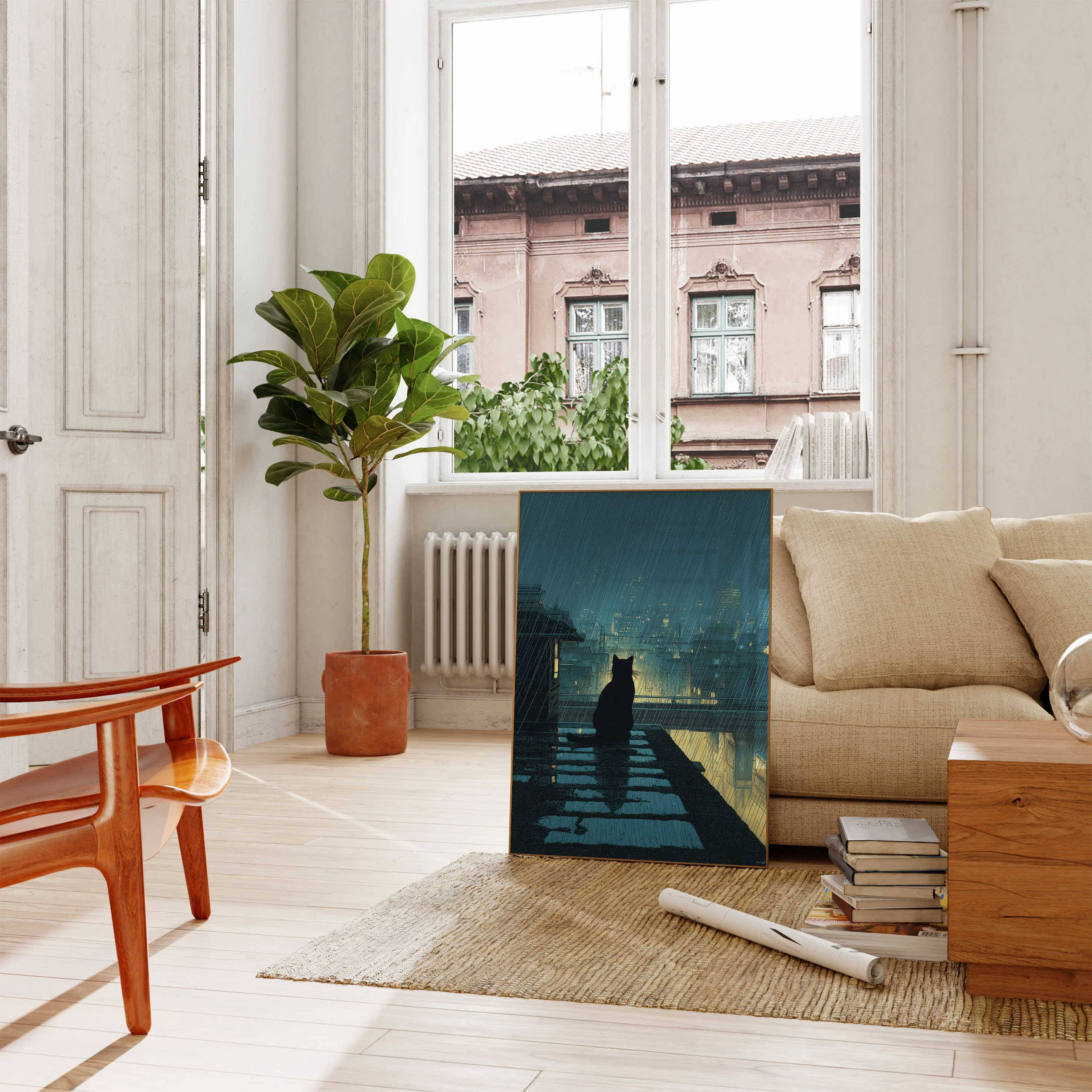 Cat Watching Rainy City Poster - Image 2