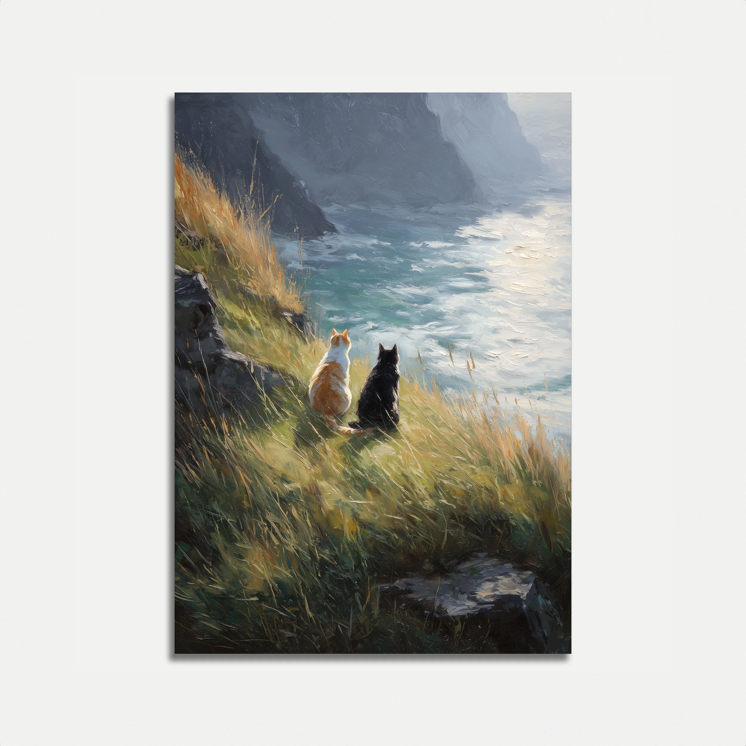 Cats Watching Ocean Cliffs Poster