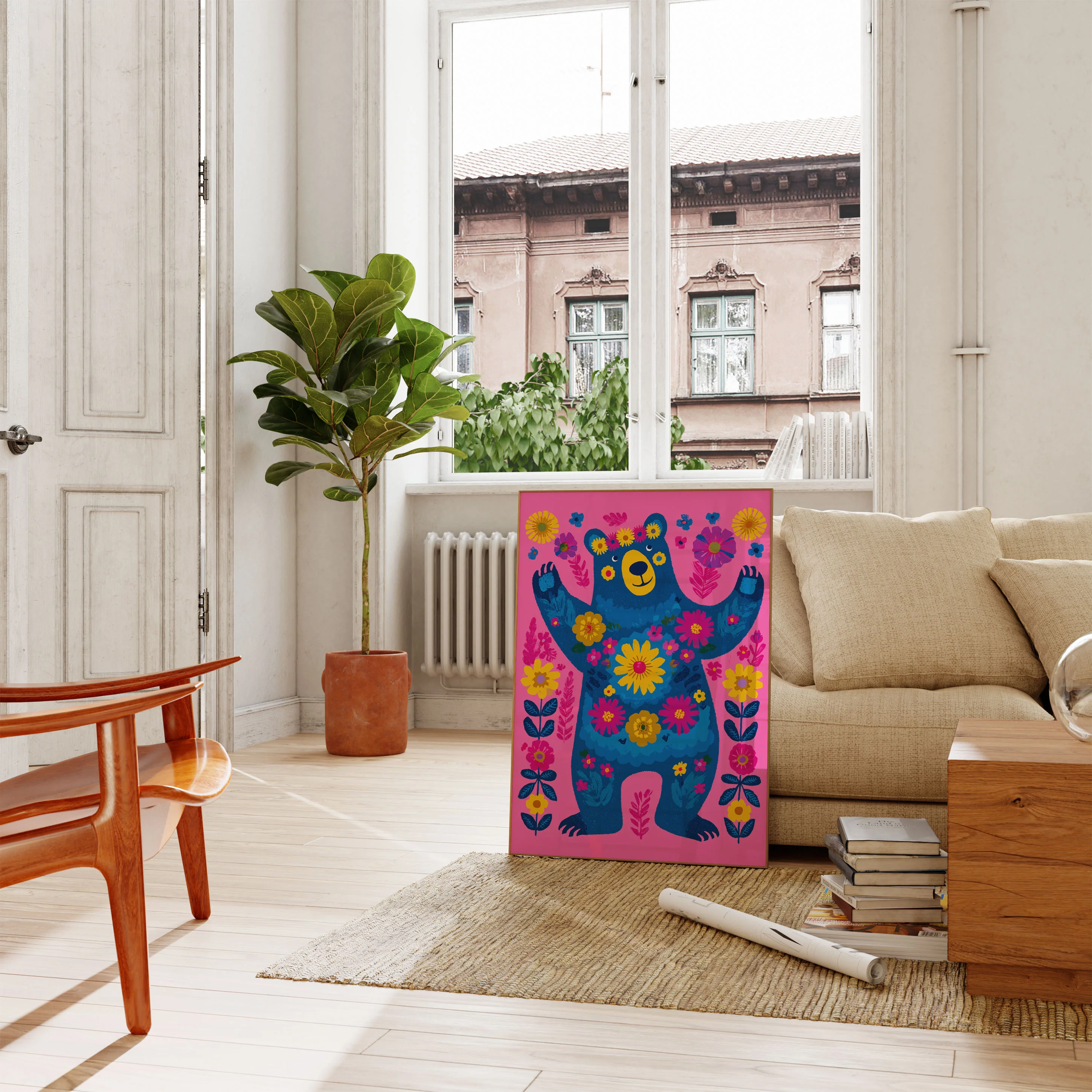 Cheerful Bear With Flowers Poster - Image 2