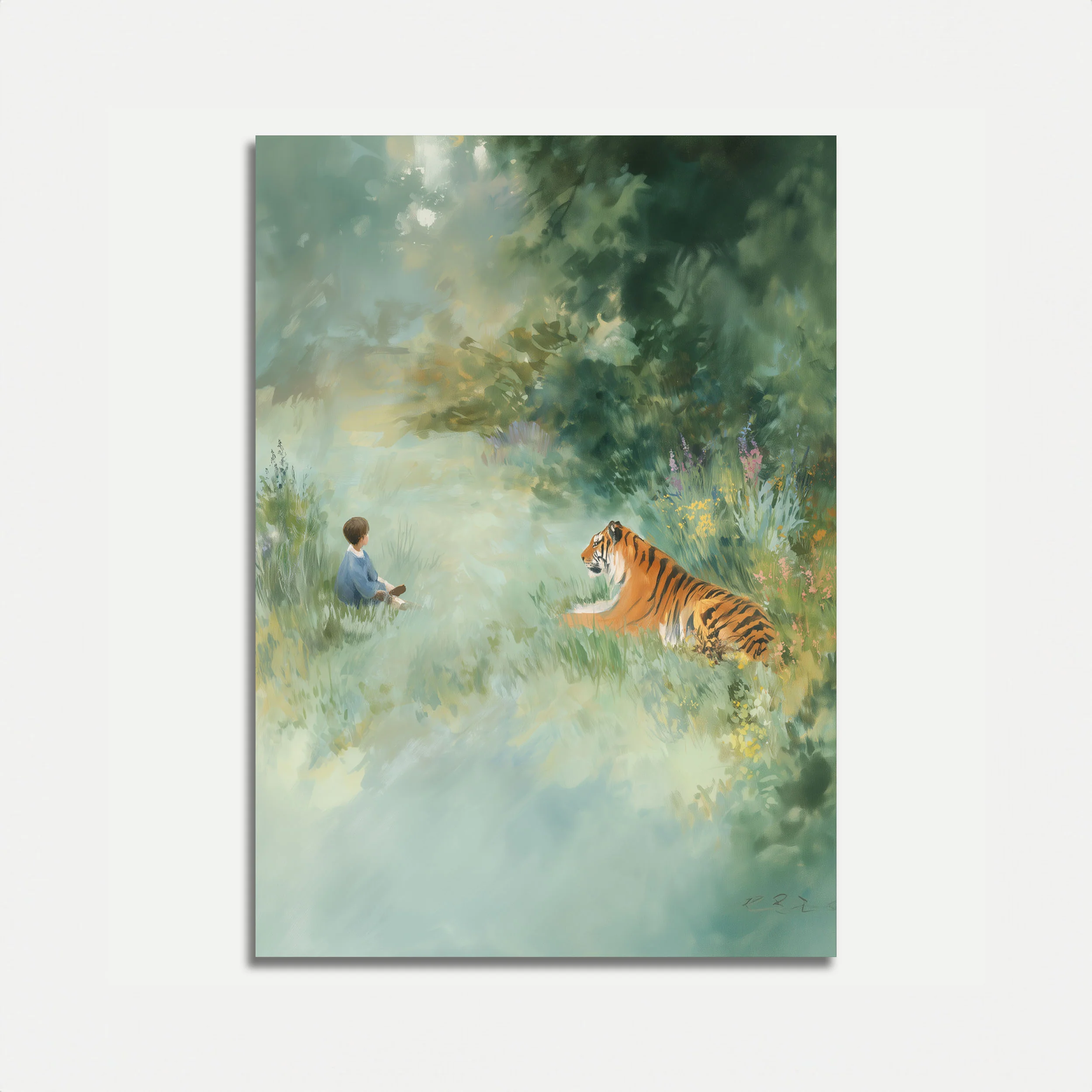 Child Meeting Tiger in Meadow Poster