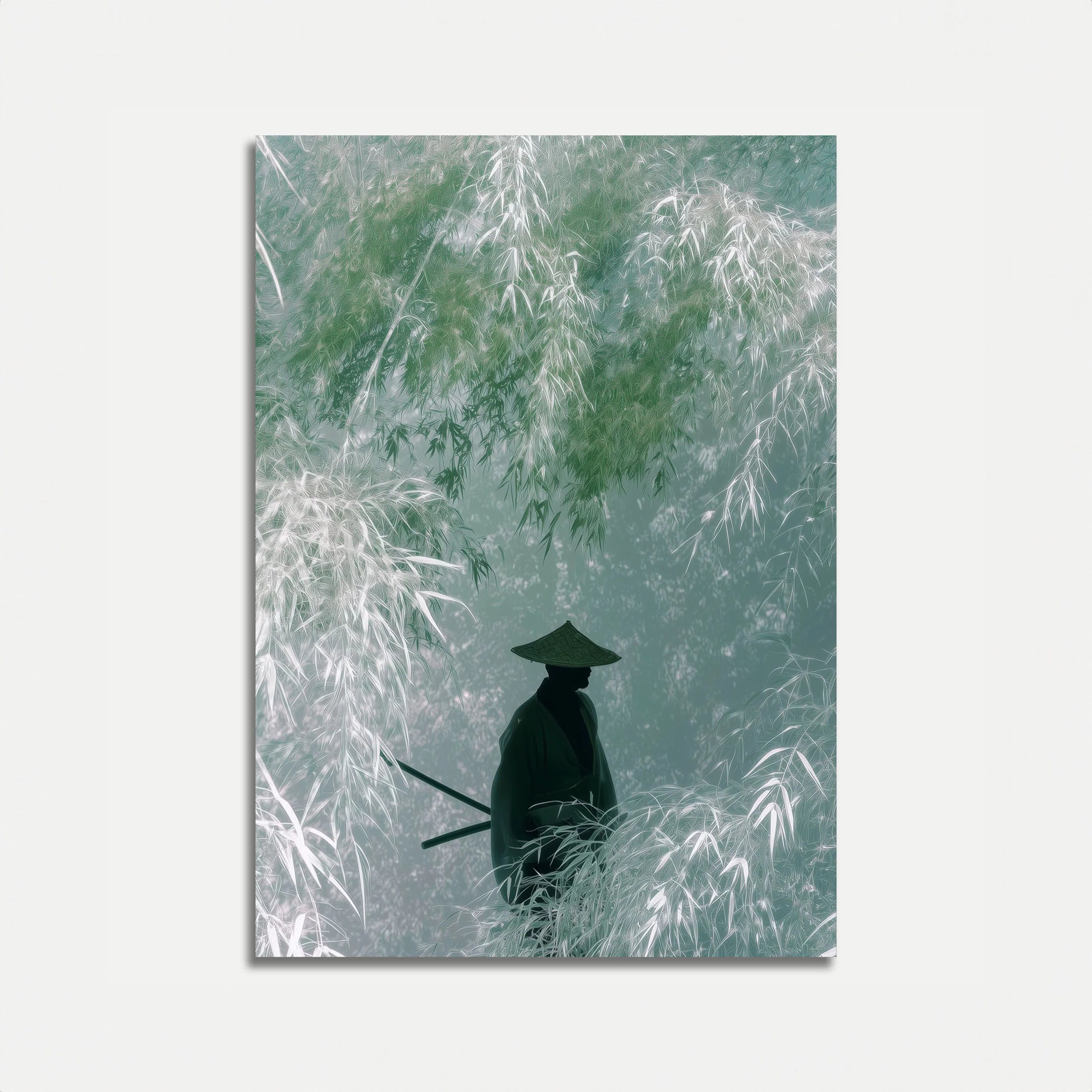 Contemplative Figure in Bamboo Forest Poster