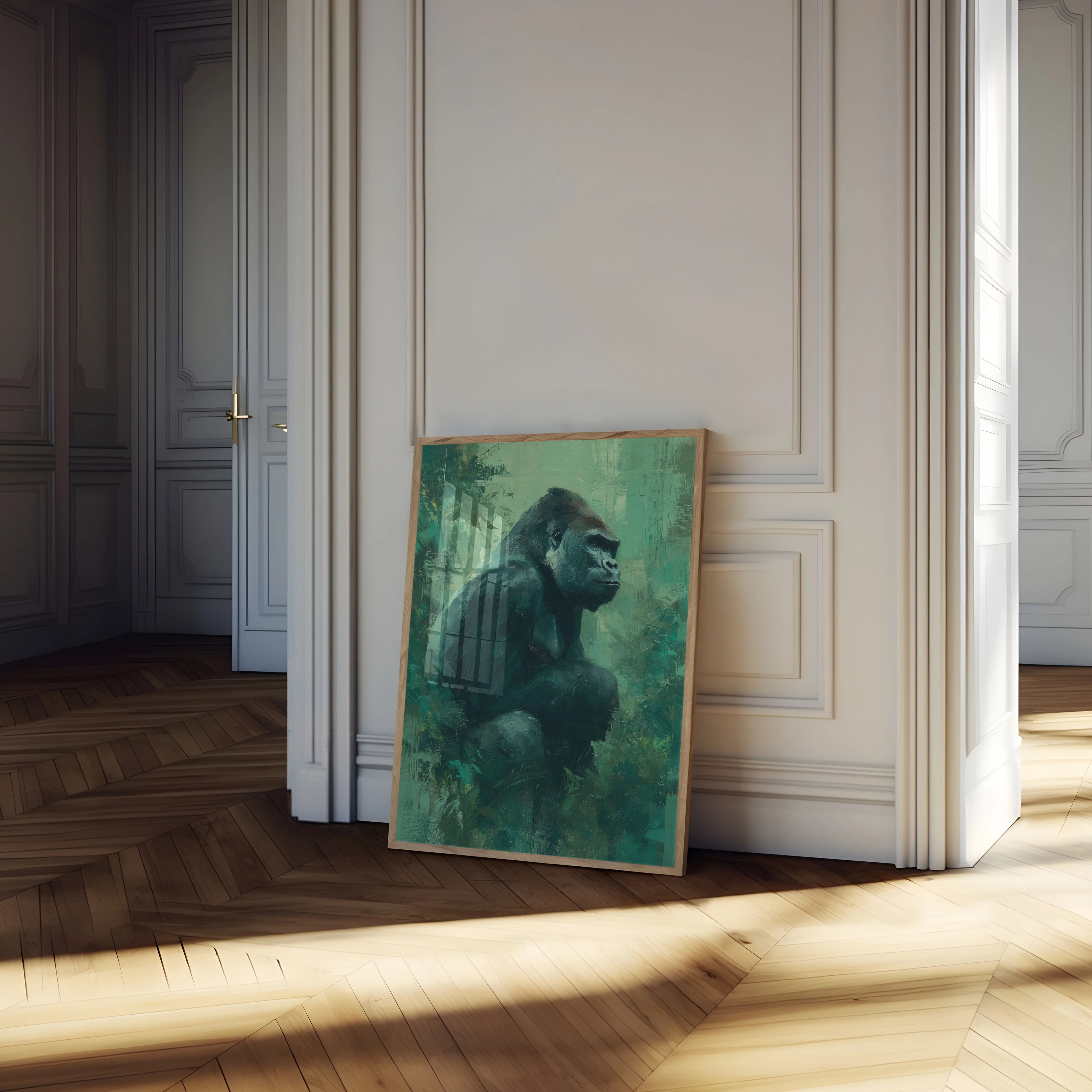 Contemplative Gorilla in Green Poster - Image 4