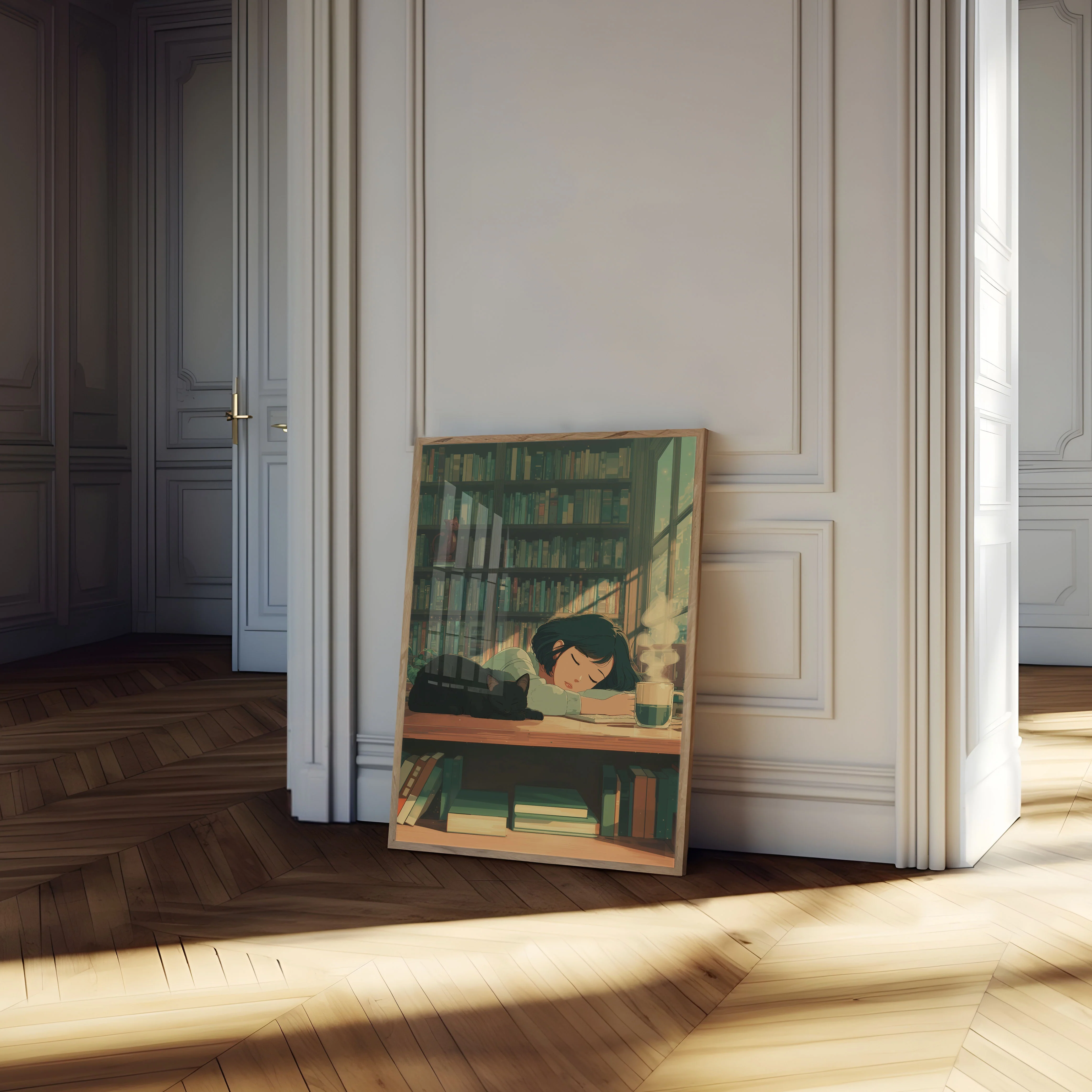Cozy Library Cat Reading Moment Poster - Image 4