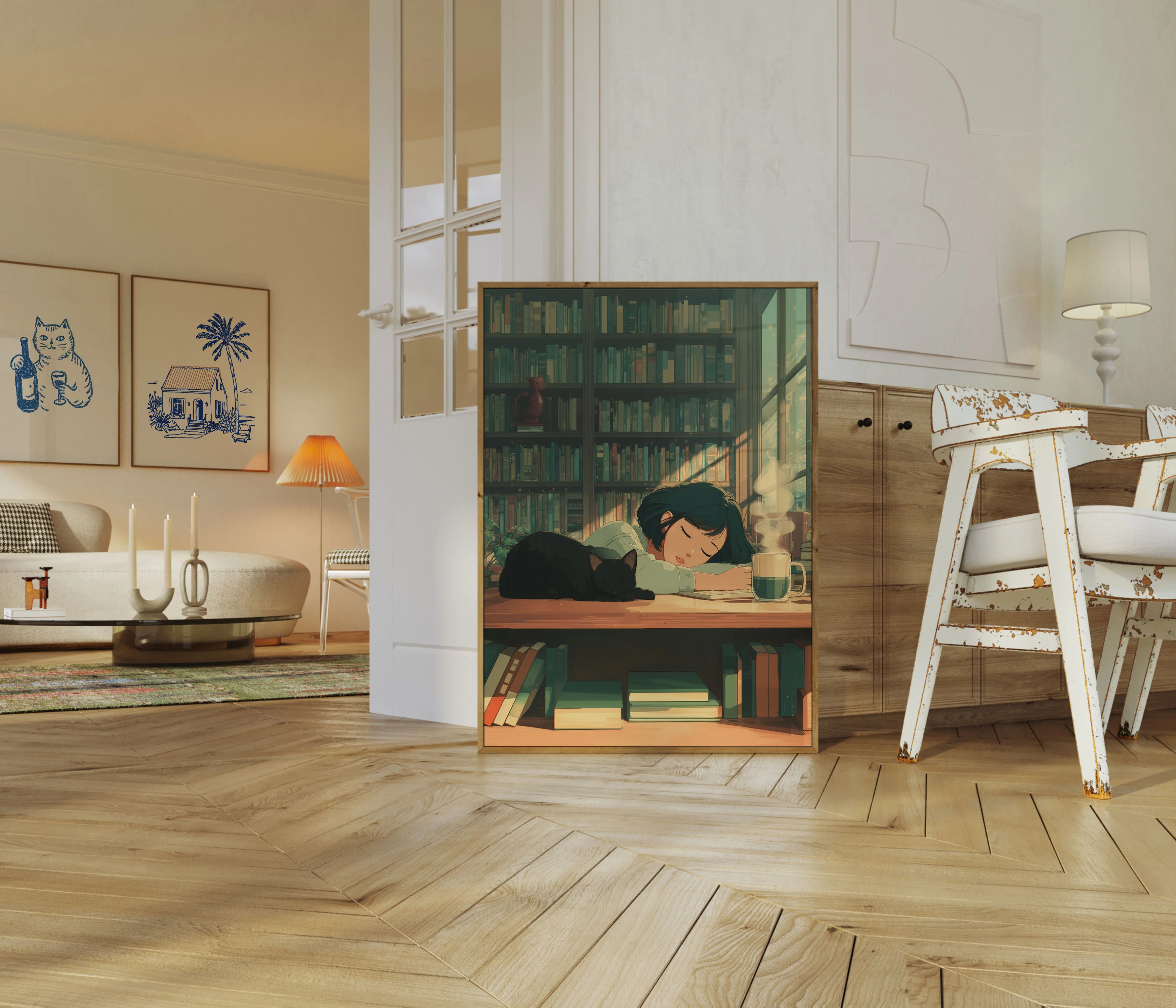 Cozy Library Cat Reading Moment Poster - Image 5