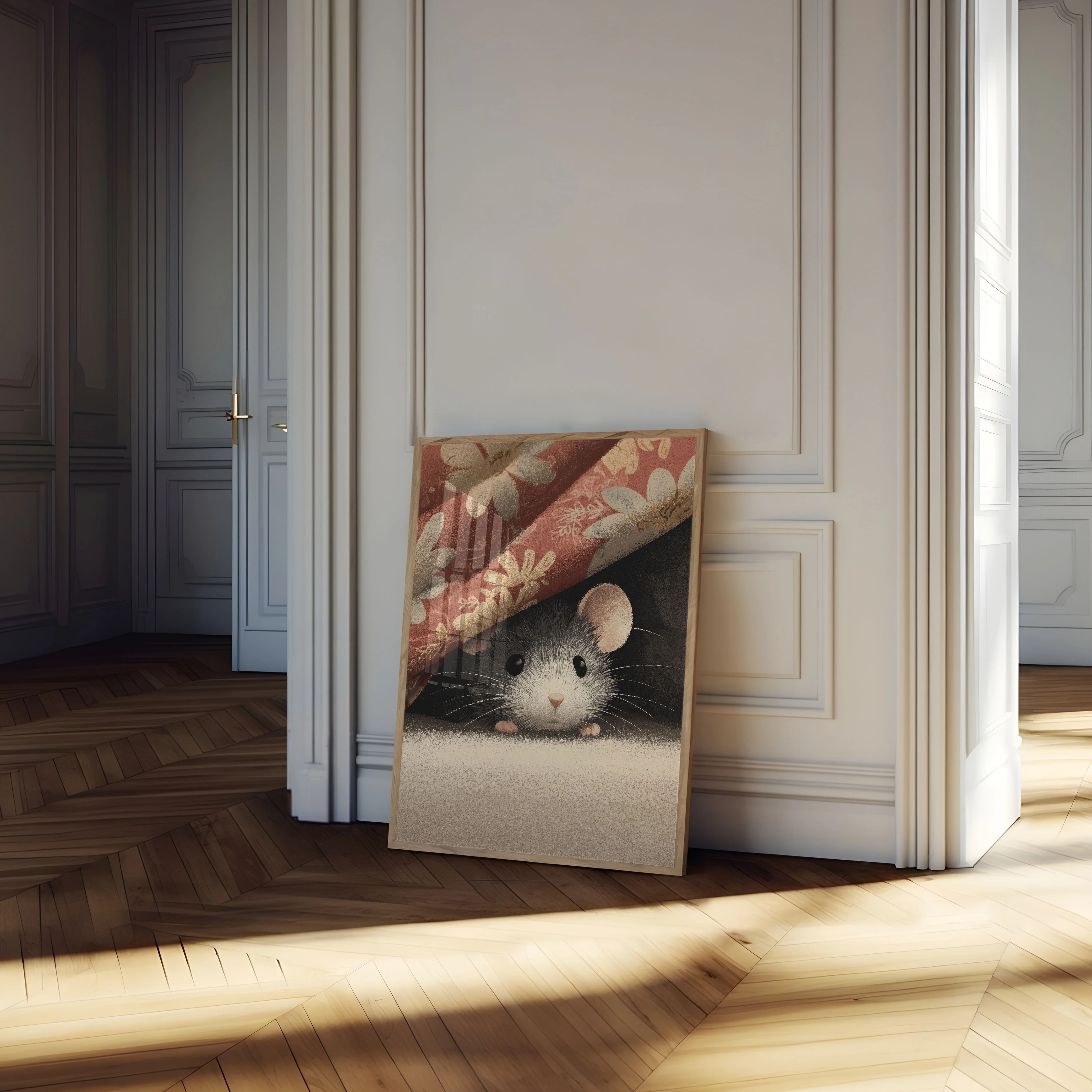 Cozy Mouse Behind Curtain Poster - Image 4