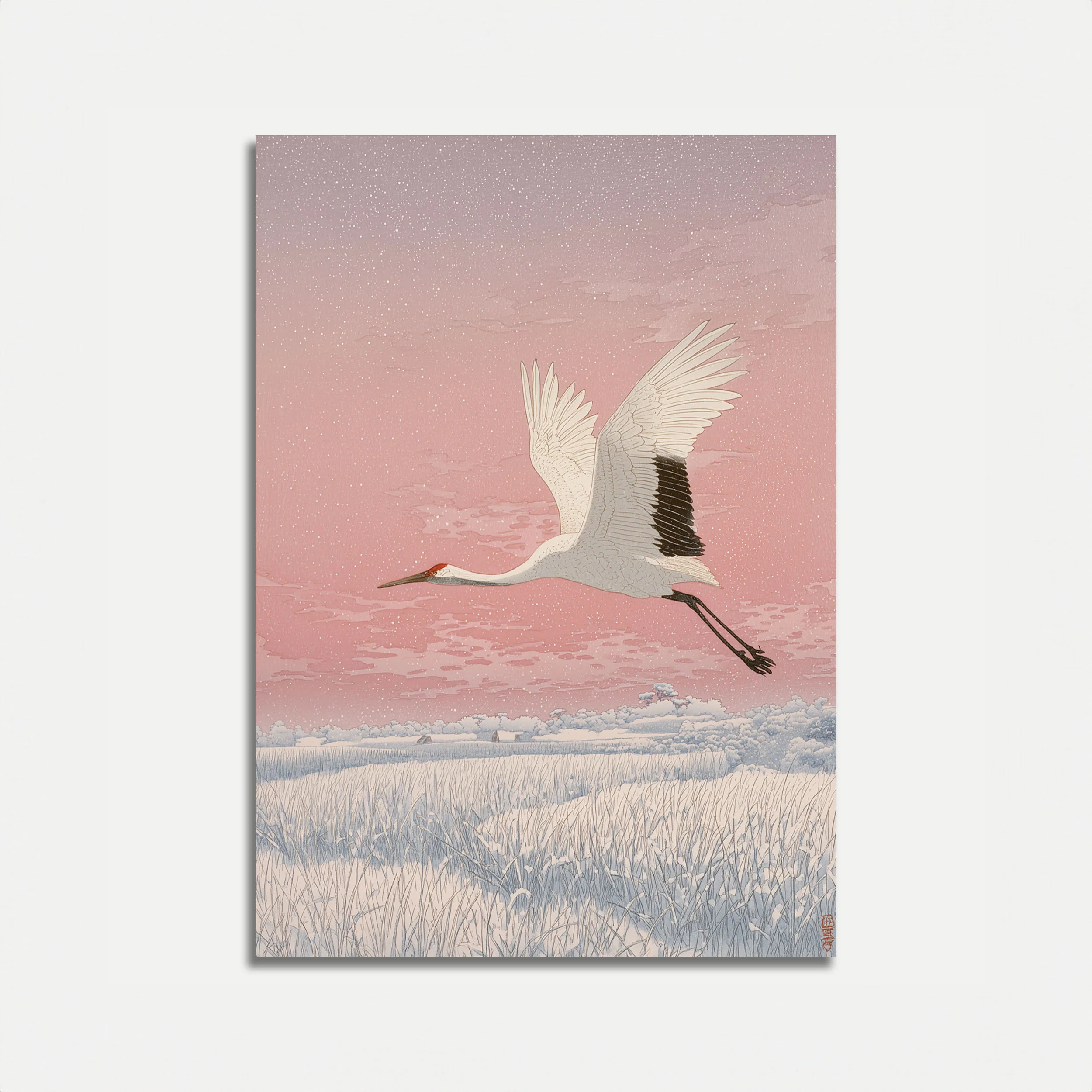 Crane Flying Over Winter Fields Poster