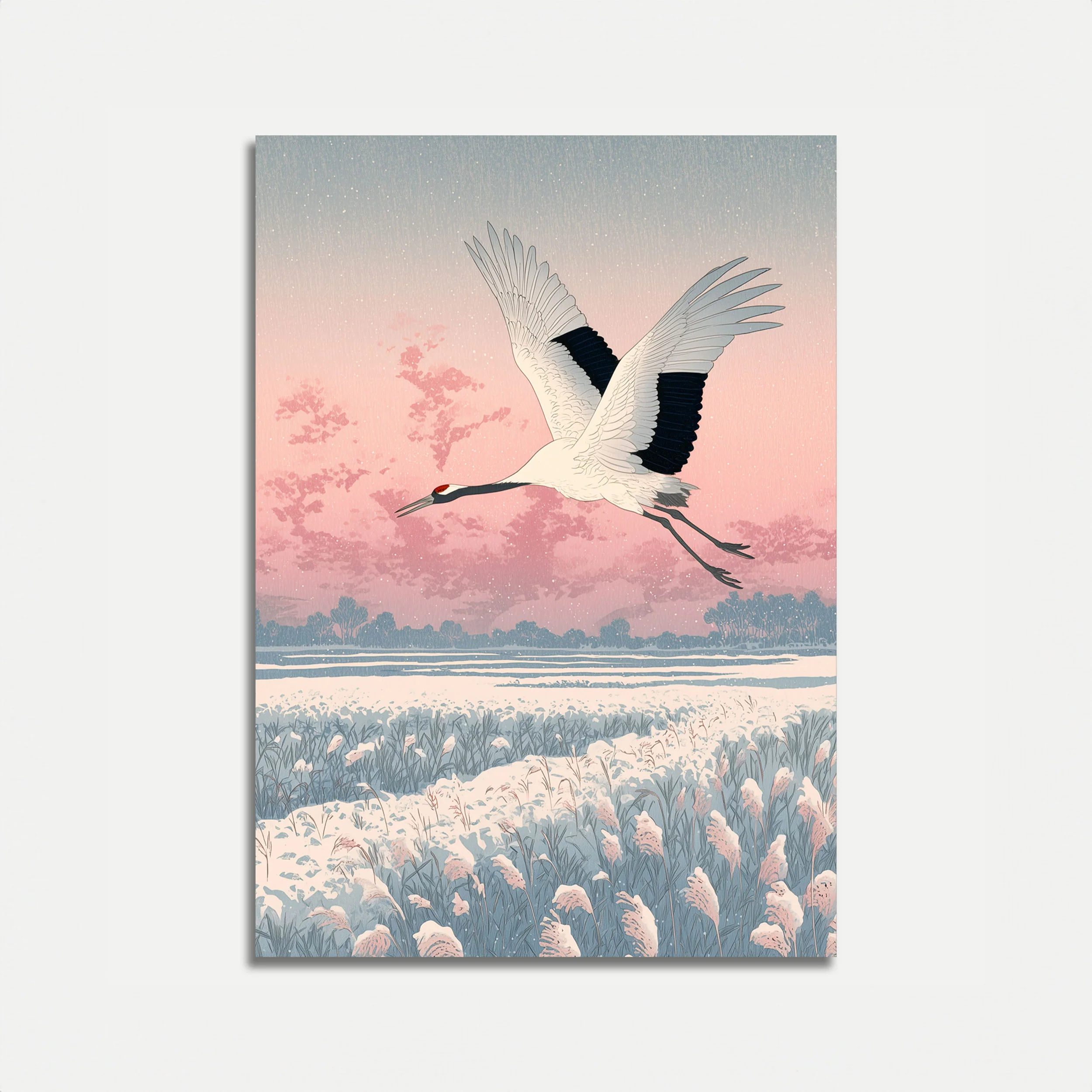 Crane Flying Over Winter Landscape Poster