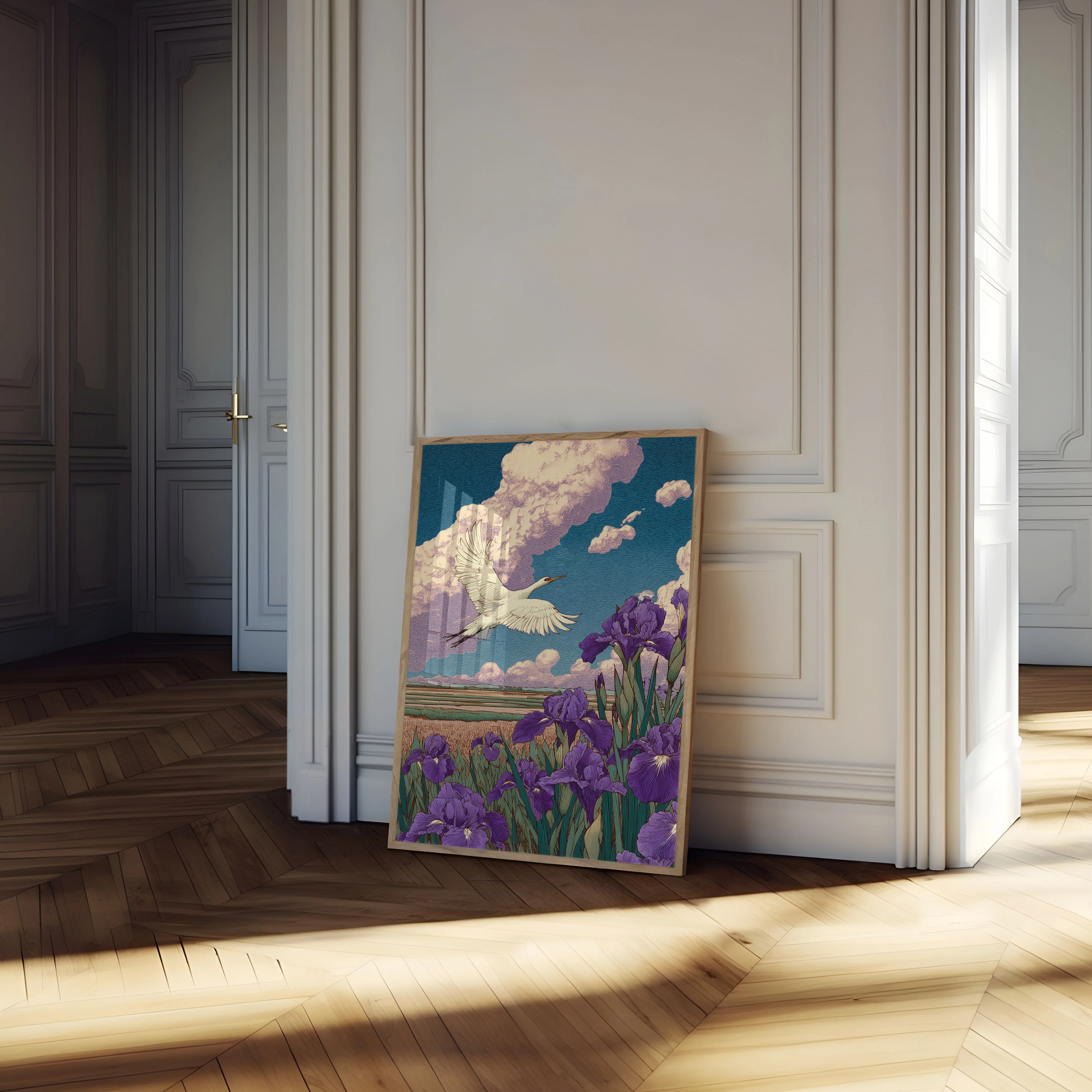 Crane Over Purple Iris Field Poster - Image 4