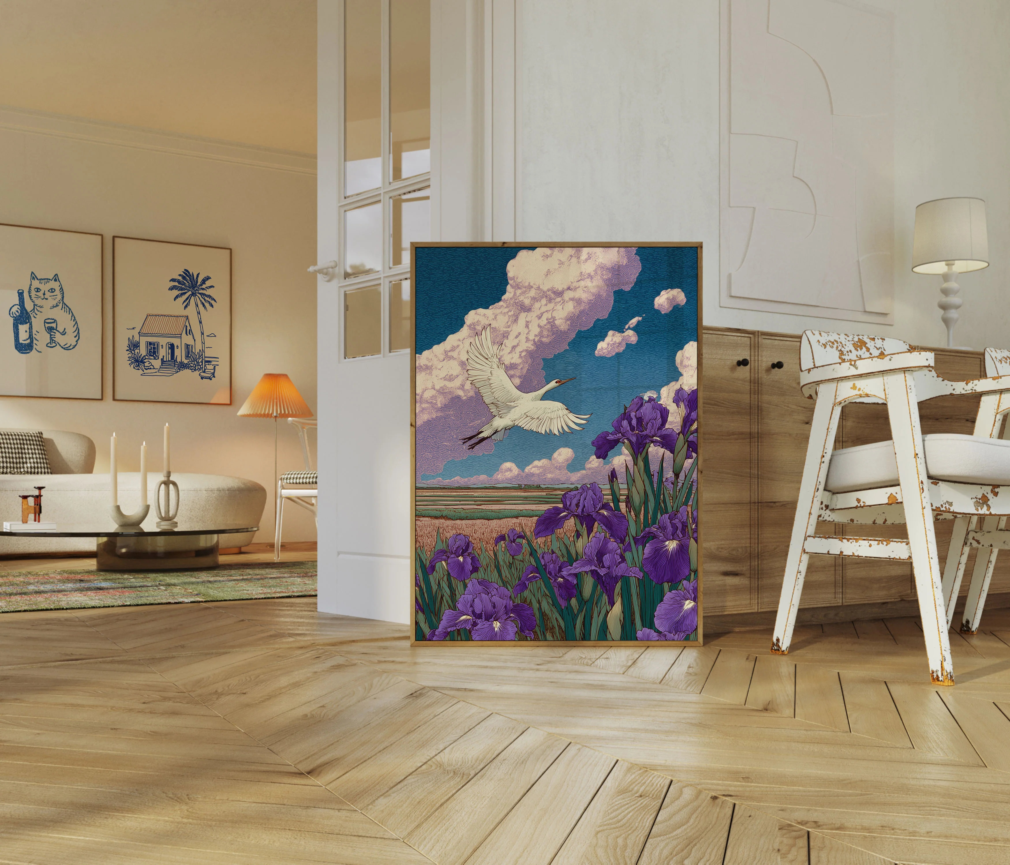 Crane Over Purple Iris Field Poster - Image 5