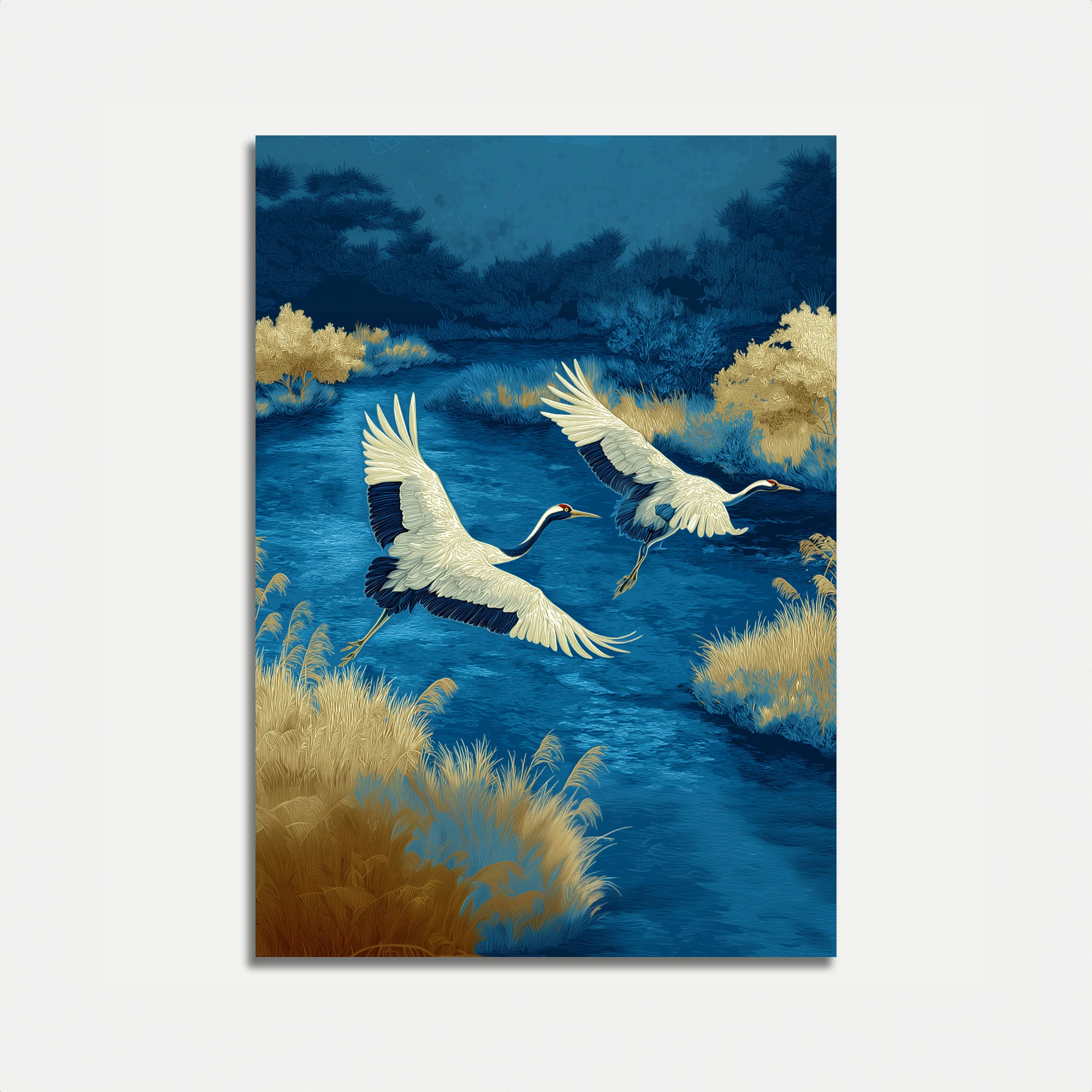 Cranes in Blue Wetlands Poster