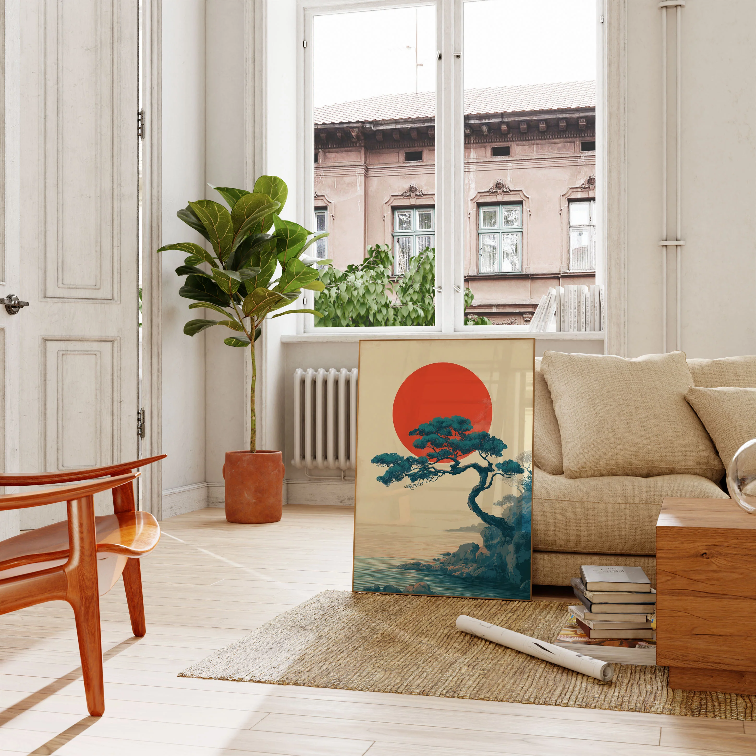 Crimson Sun Bonsai Landscape Poster - Image 2