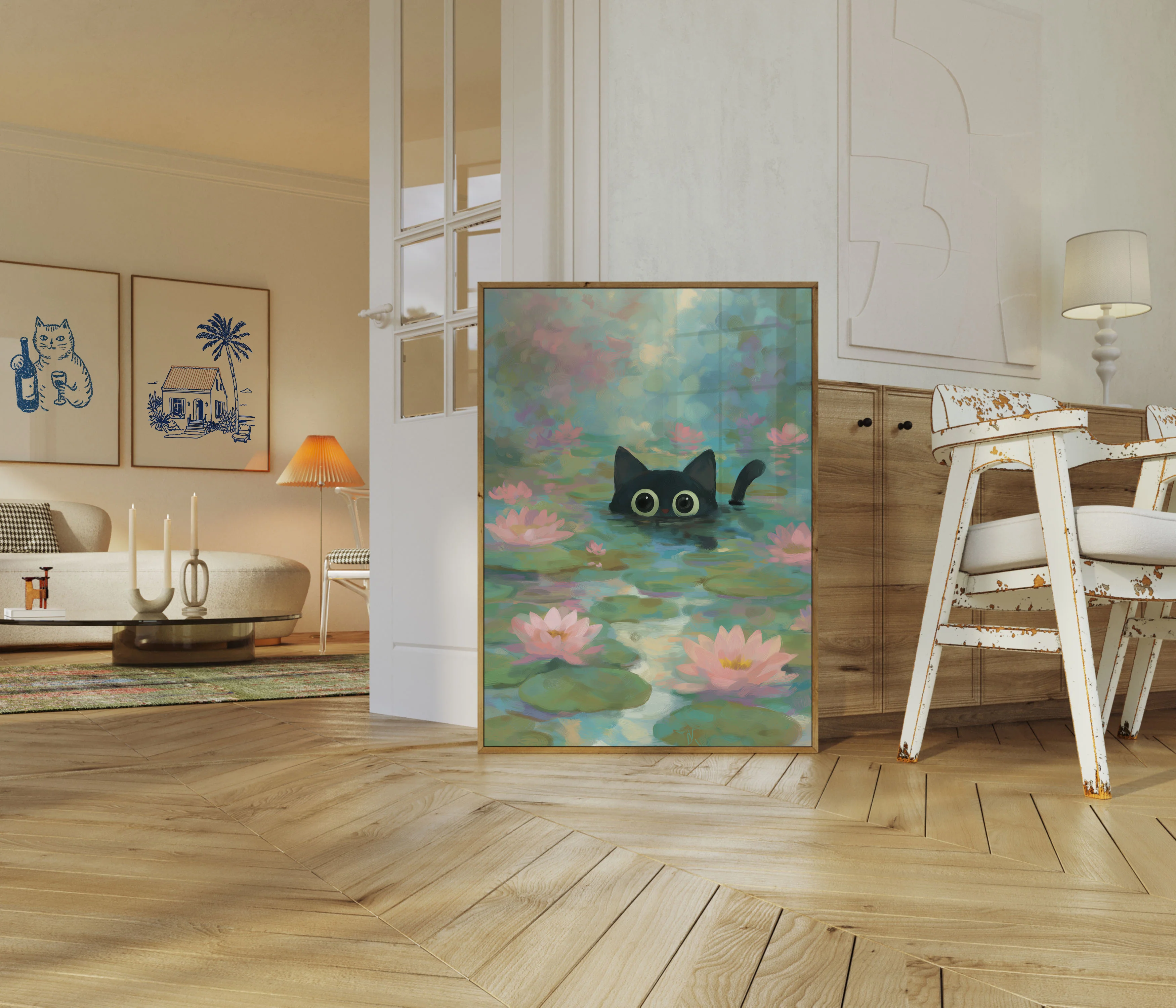 Curious Cat in Lily Pond Poster - Image 5