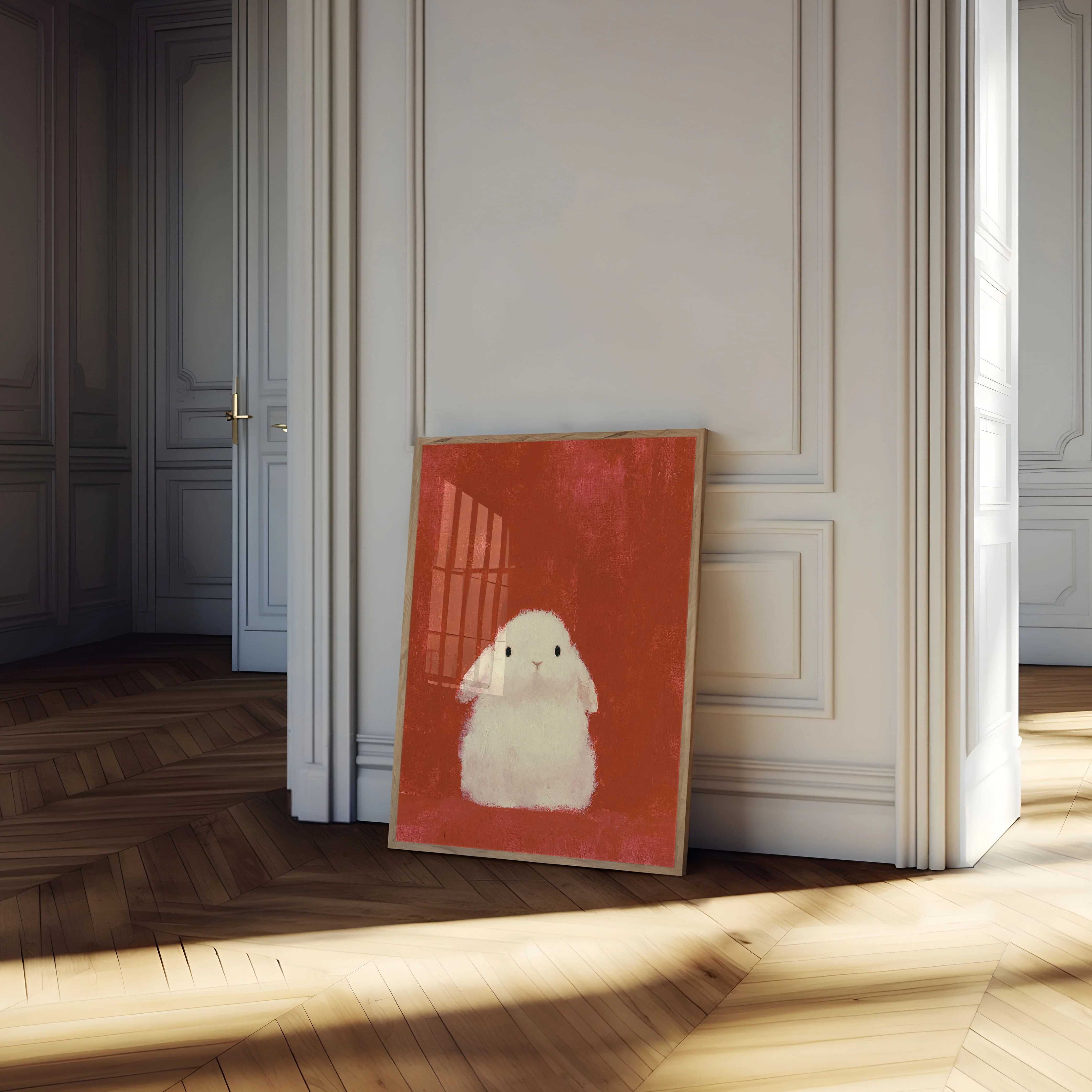 Cute White Bunny Red Background Poster - Image 4