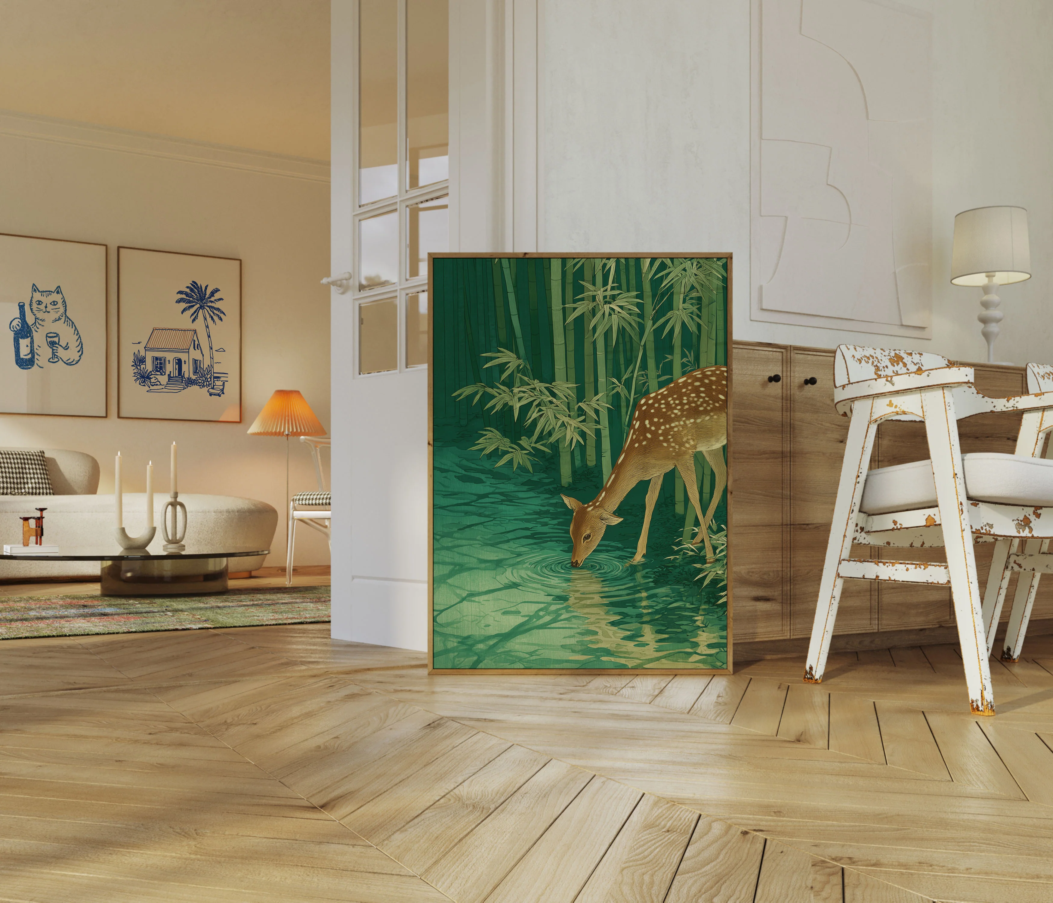 Deer Drinking from Bamboo Stream Poster - Image 5