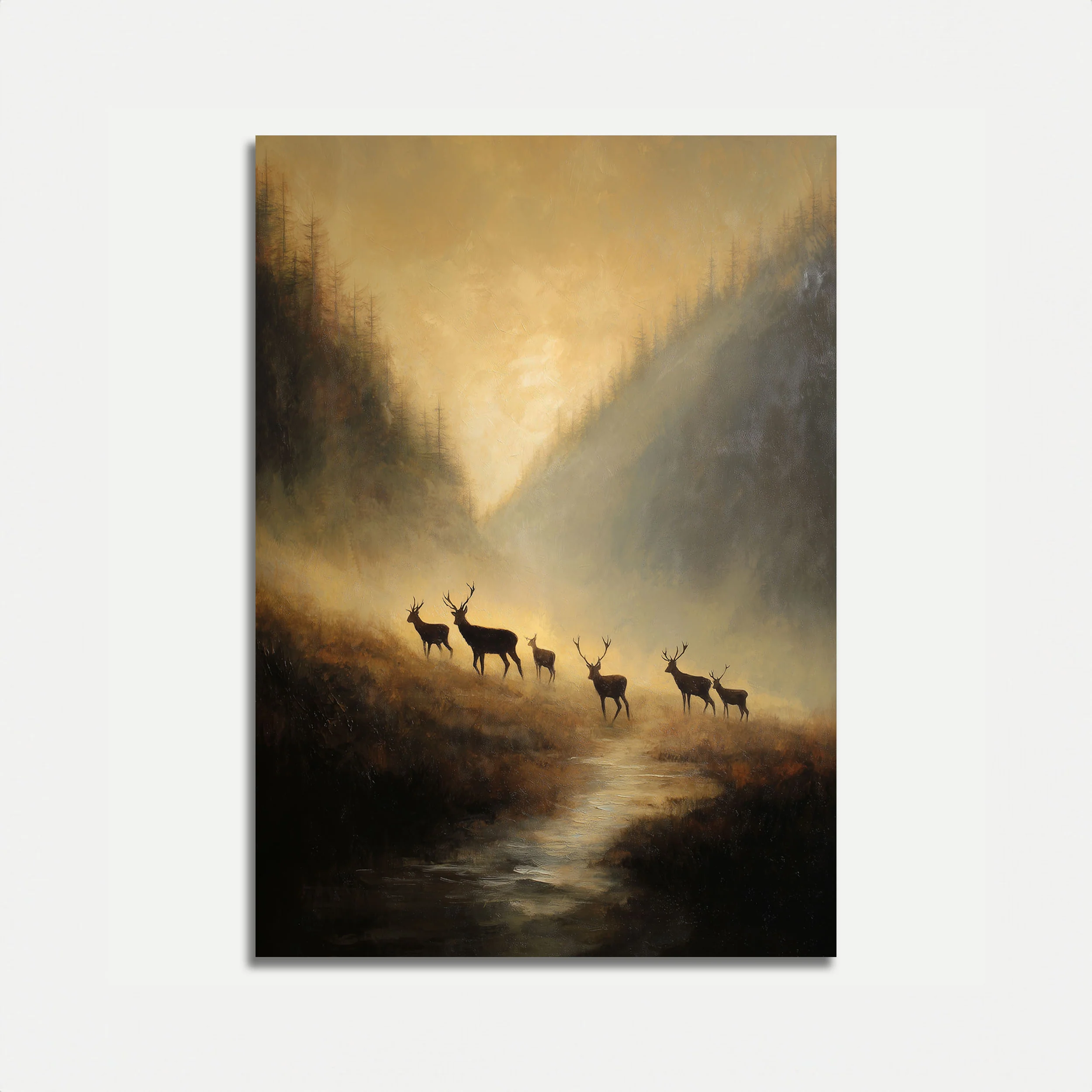 Deer Herd in Misty Forest Poster