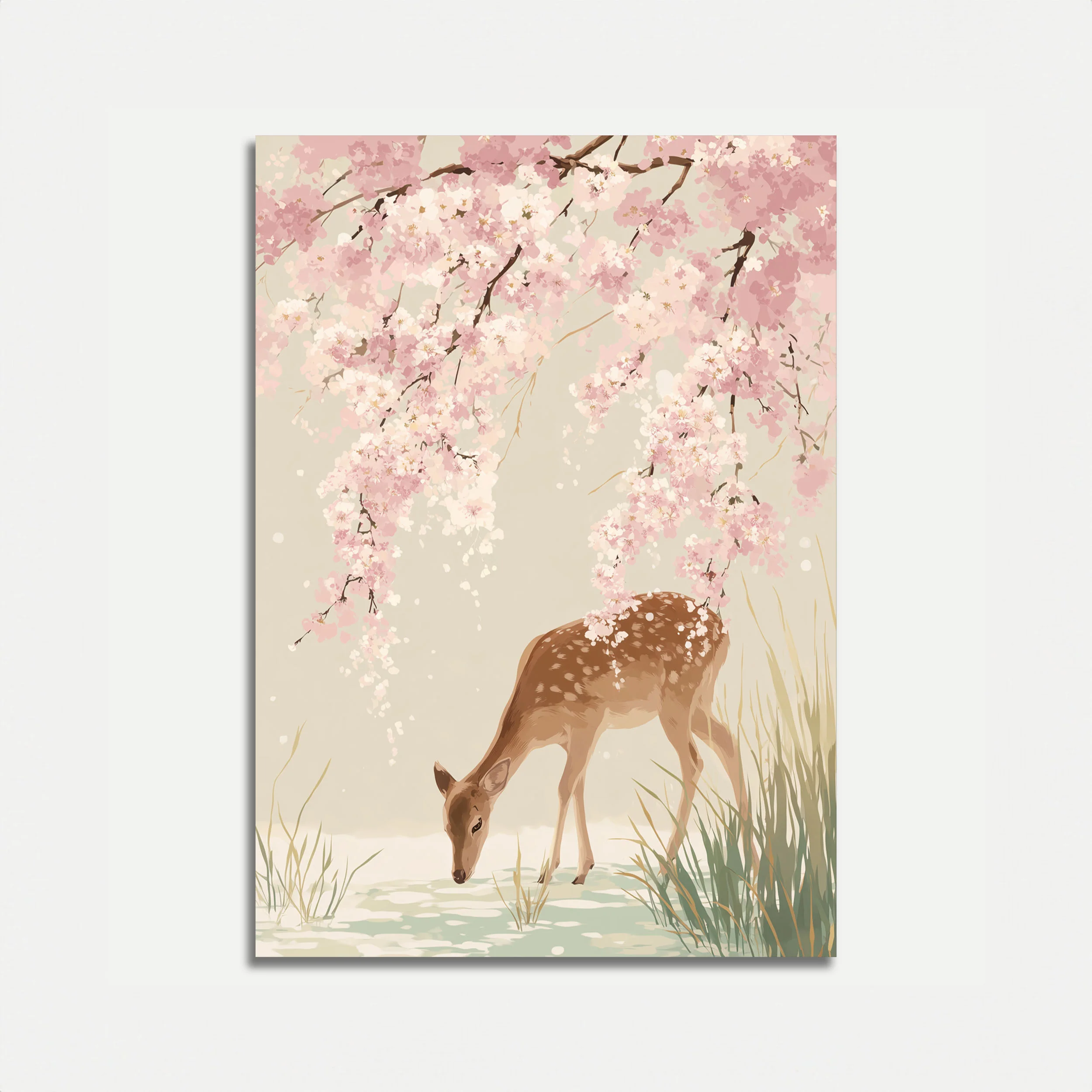Deer Under Cherry Blossoms Poster