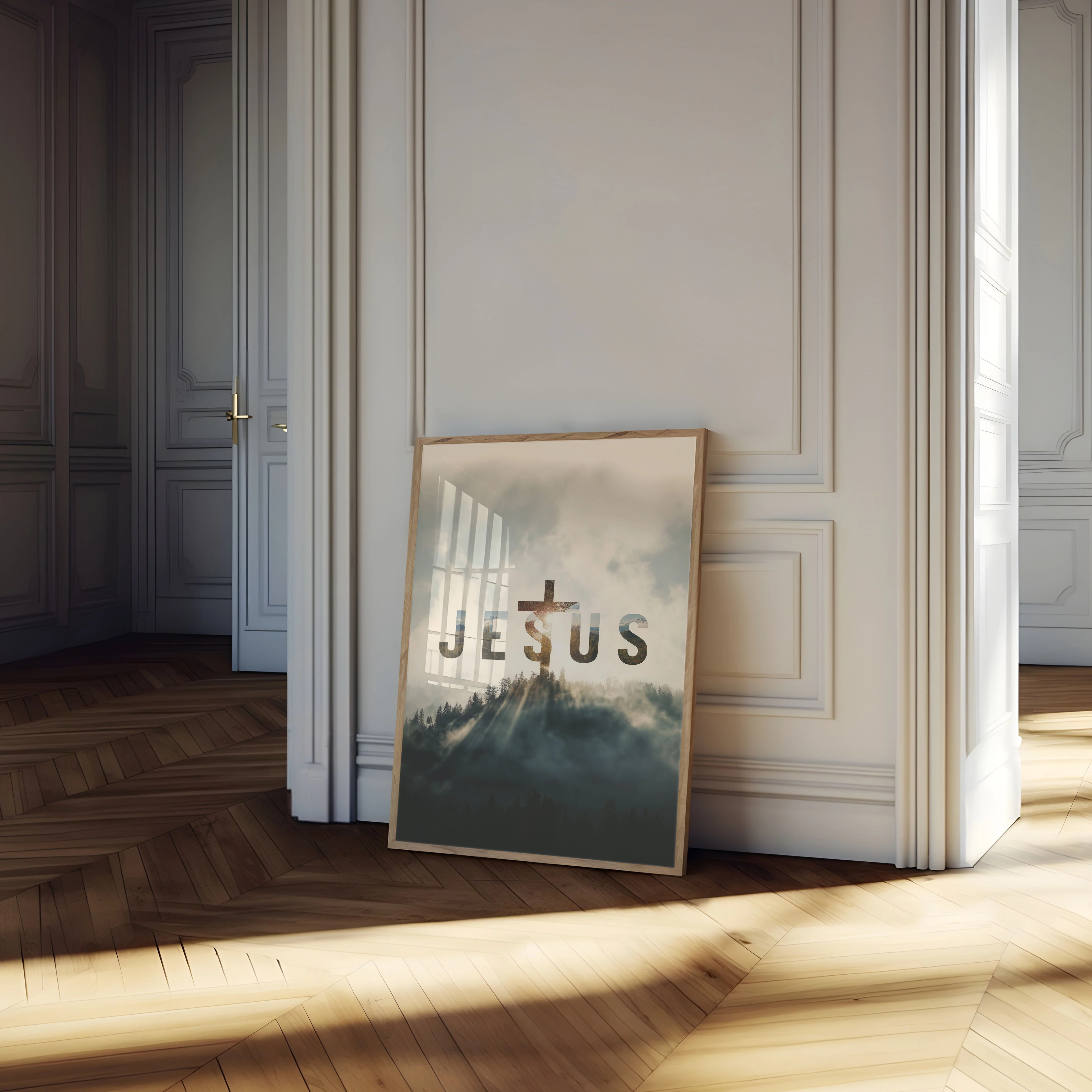 Divine Light in Misty Forest Poster - Image 4