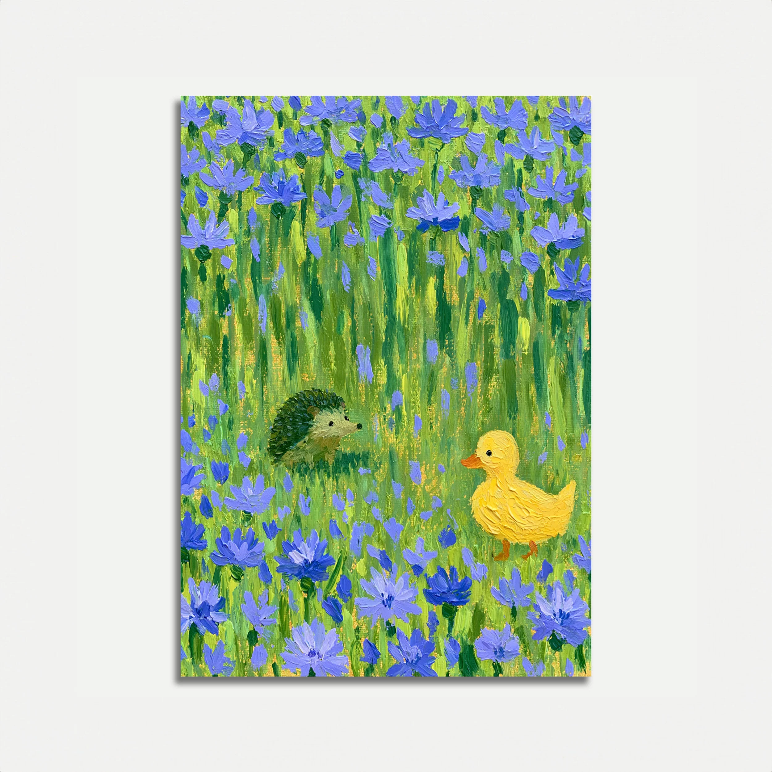 Duck and Hedgehog in Wildflowers Poster
