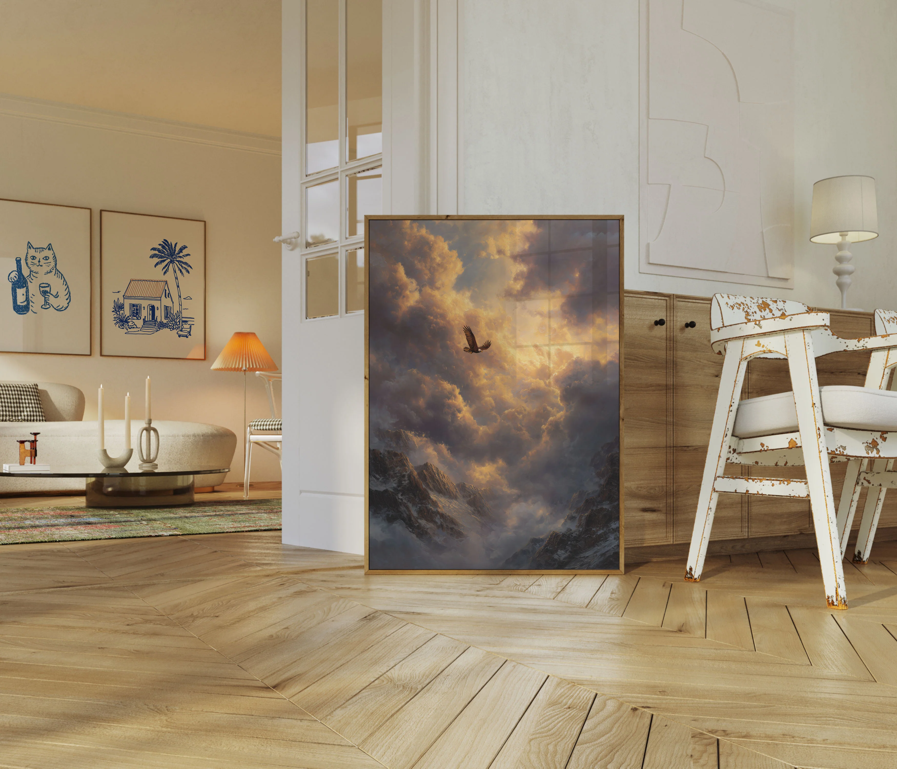 Eagle Soaring Through Golden Clouds Poster - Image 5
