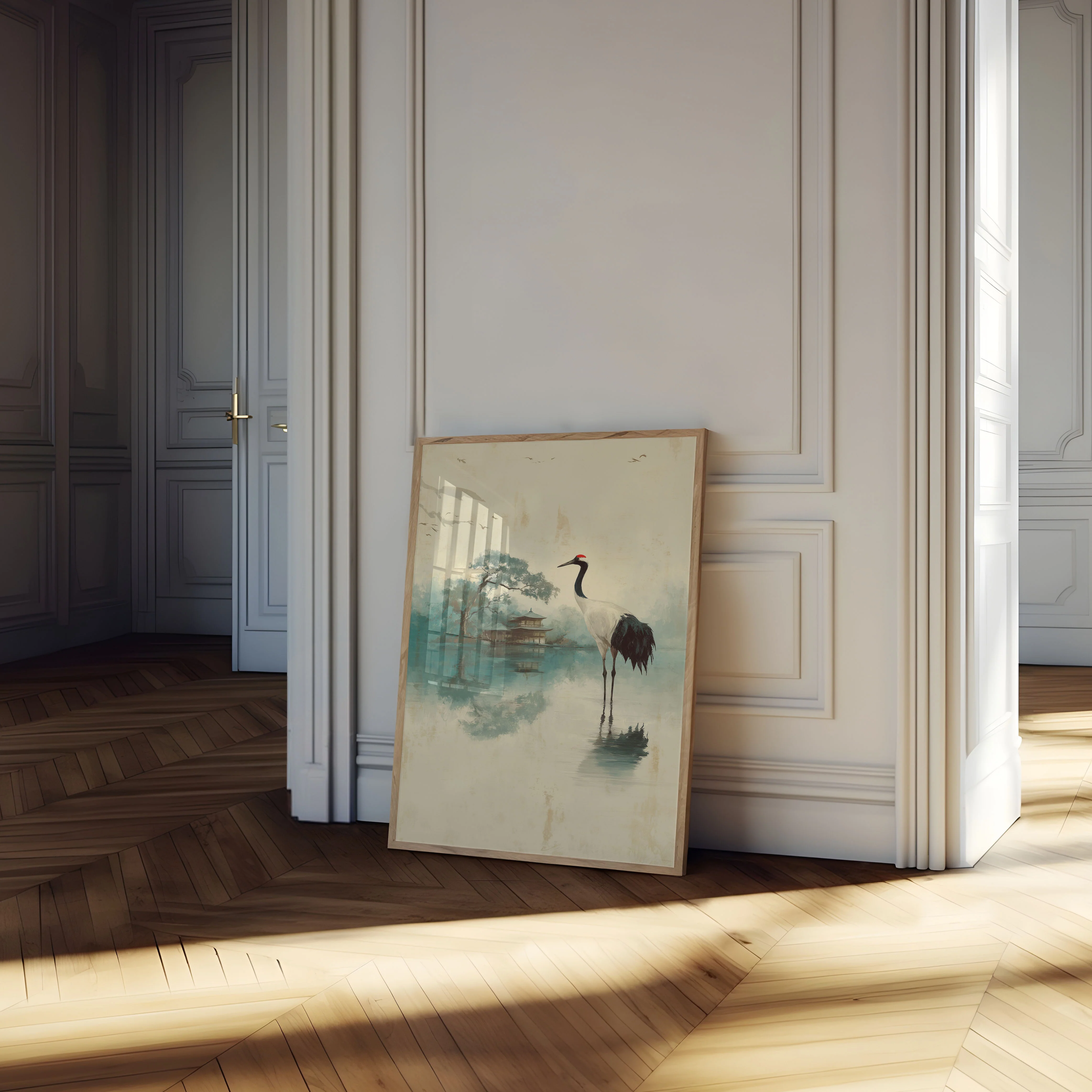 Elegant Crane by Misty Lake Poster - Image 4