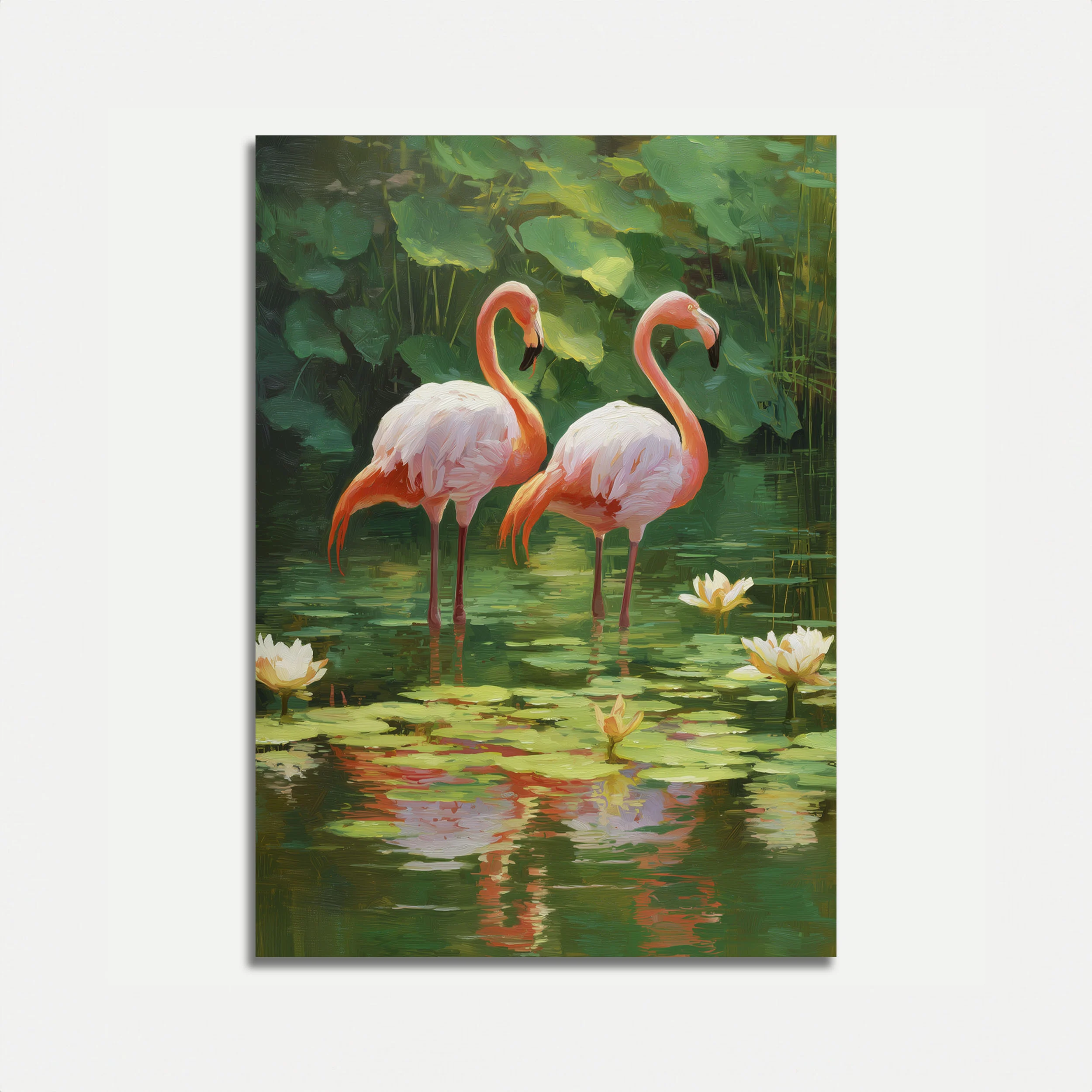 Elegant Flamingos Water Lily Poster