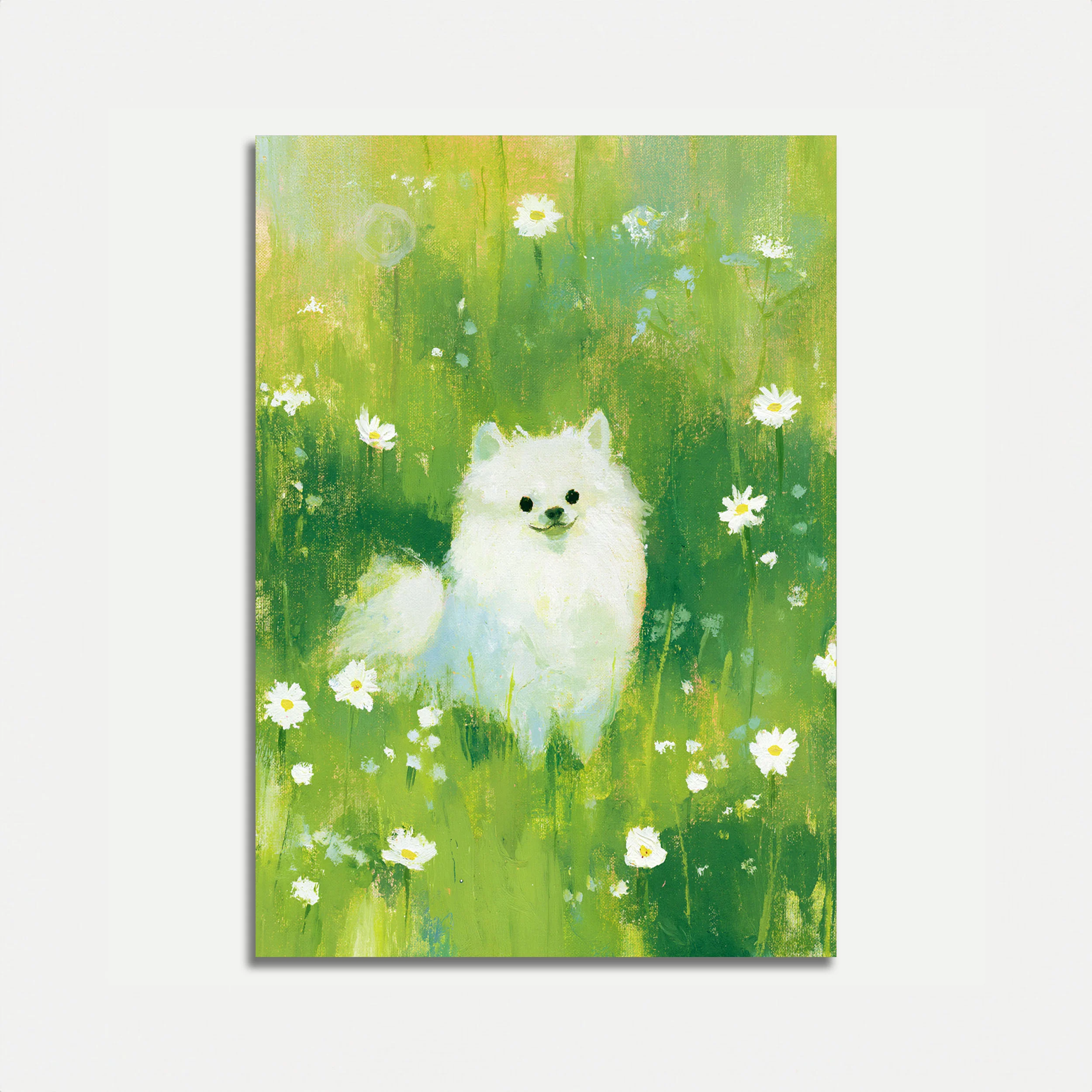 Fluffy White Pup in Daisies Poster