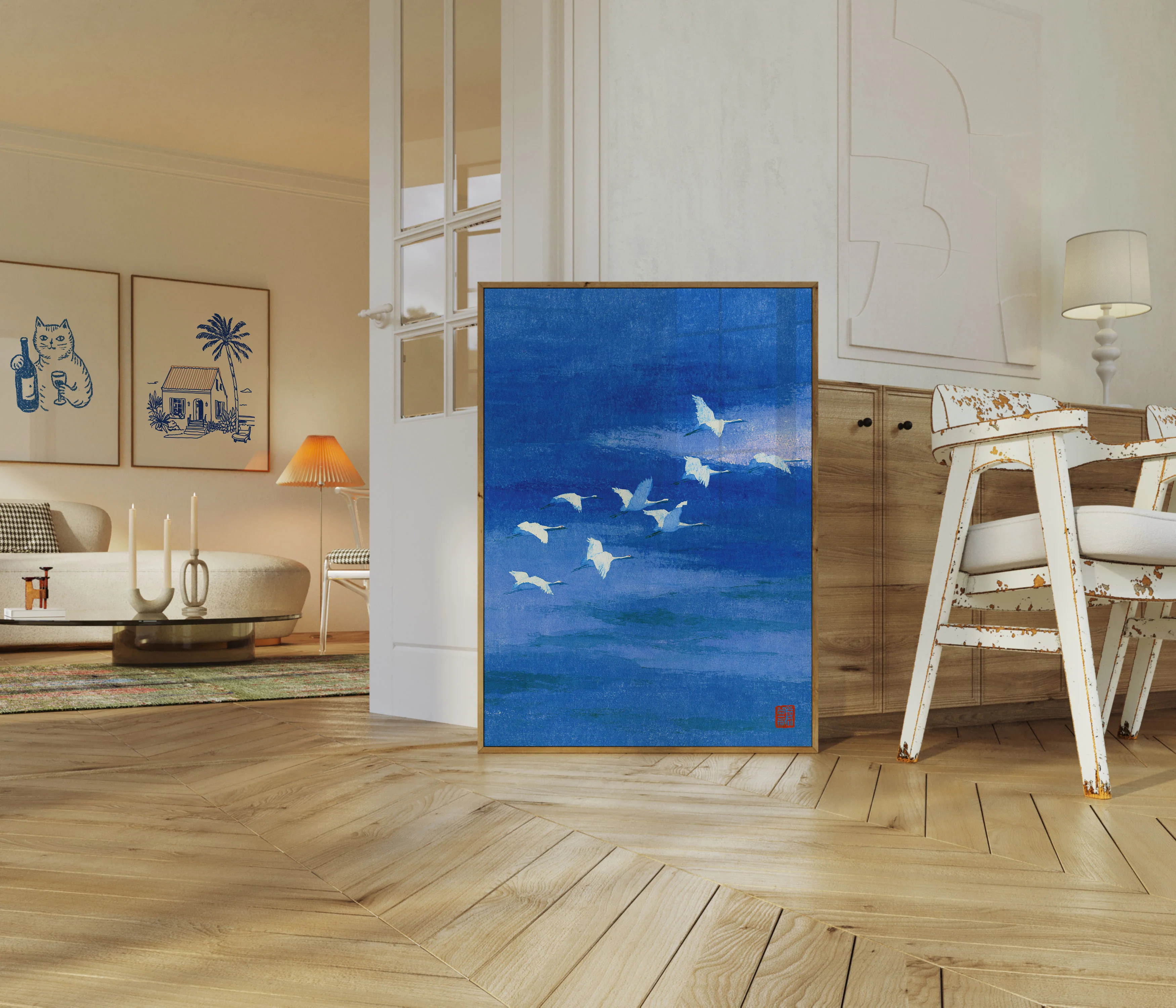 Flying Cranes Over Blue Water Poster - Image 5