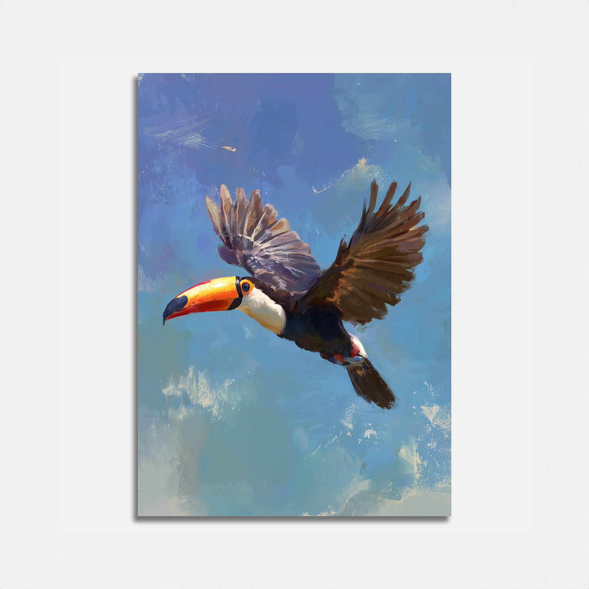 Flying Toucan in Blue Sky Poster