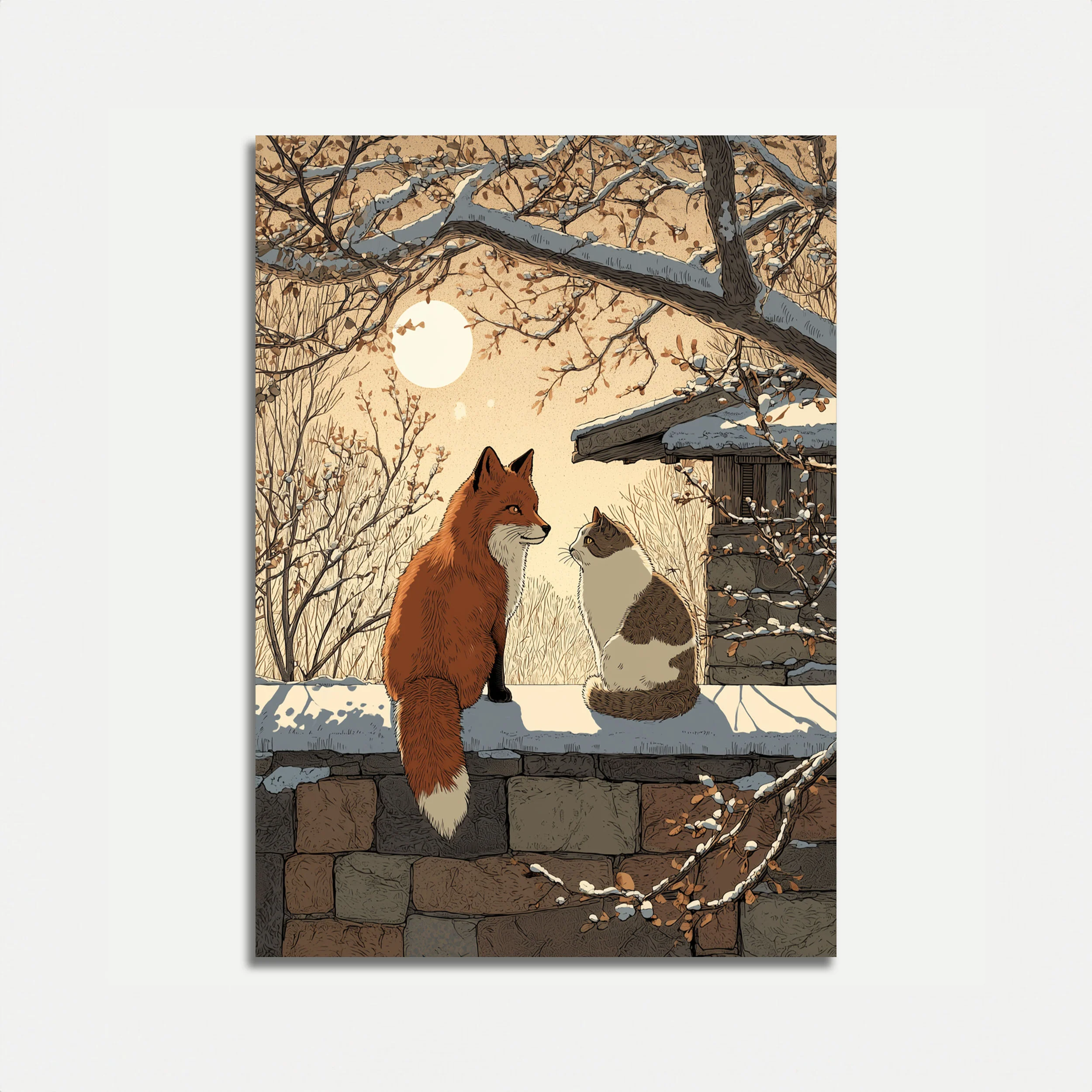 Fox and Cat Winter Moonlight Poster