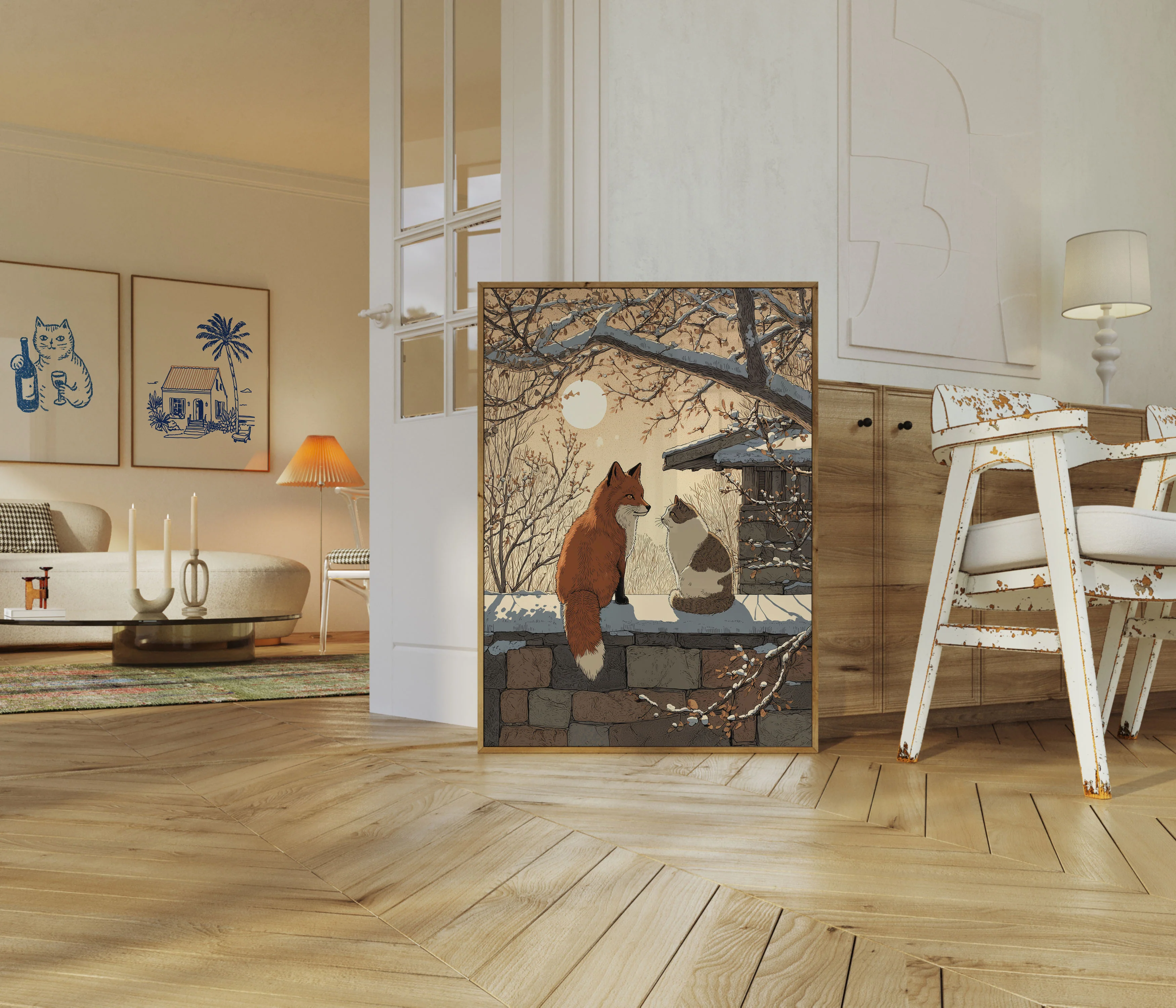 Fox and Cat Winter Moonlight Poster - Image 5