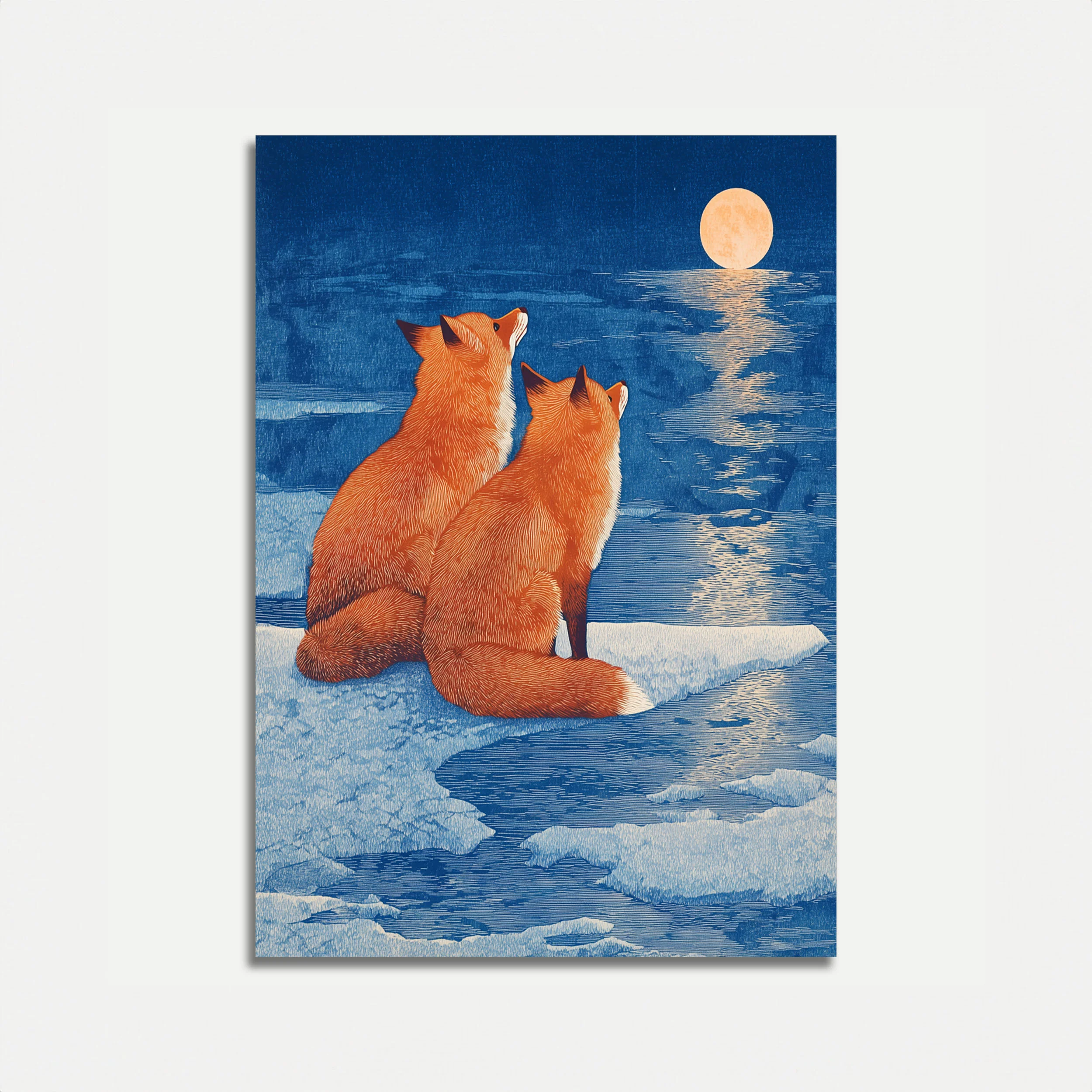 Foxes Gazing at Moonlight Poster
