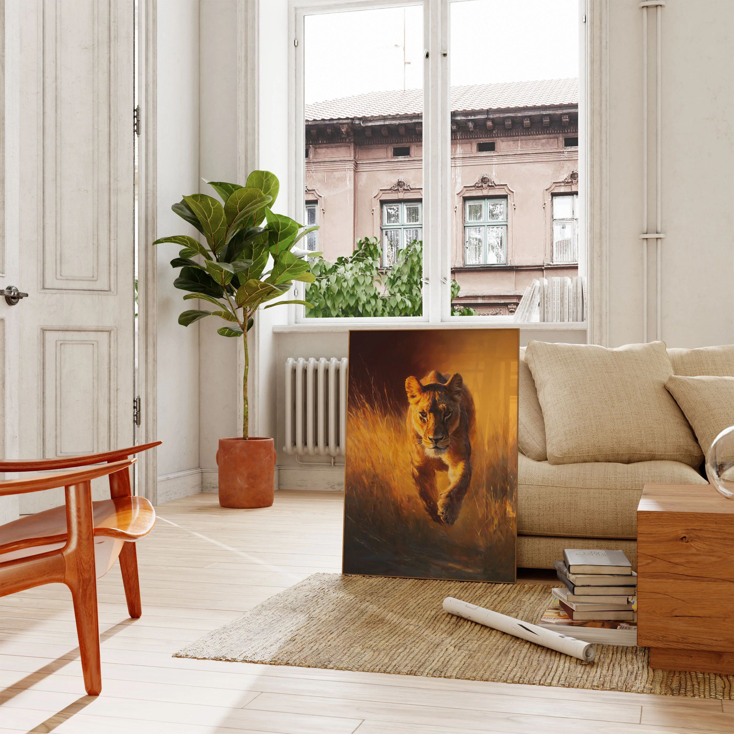 Golden Lion Walking Through Grassland Poster - Image 2