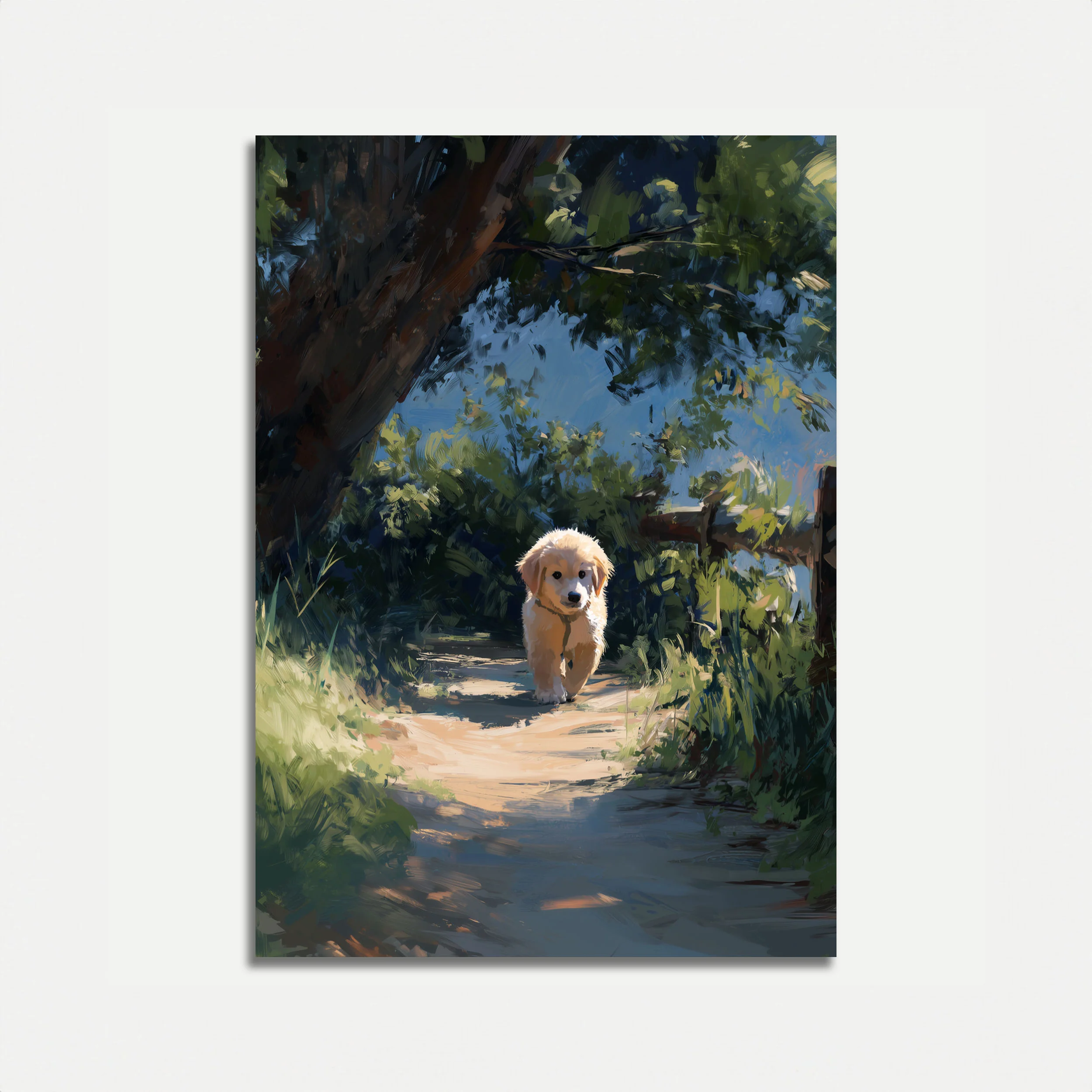Golden Puppy Forest Path Poster