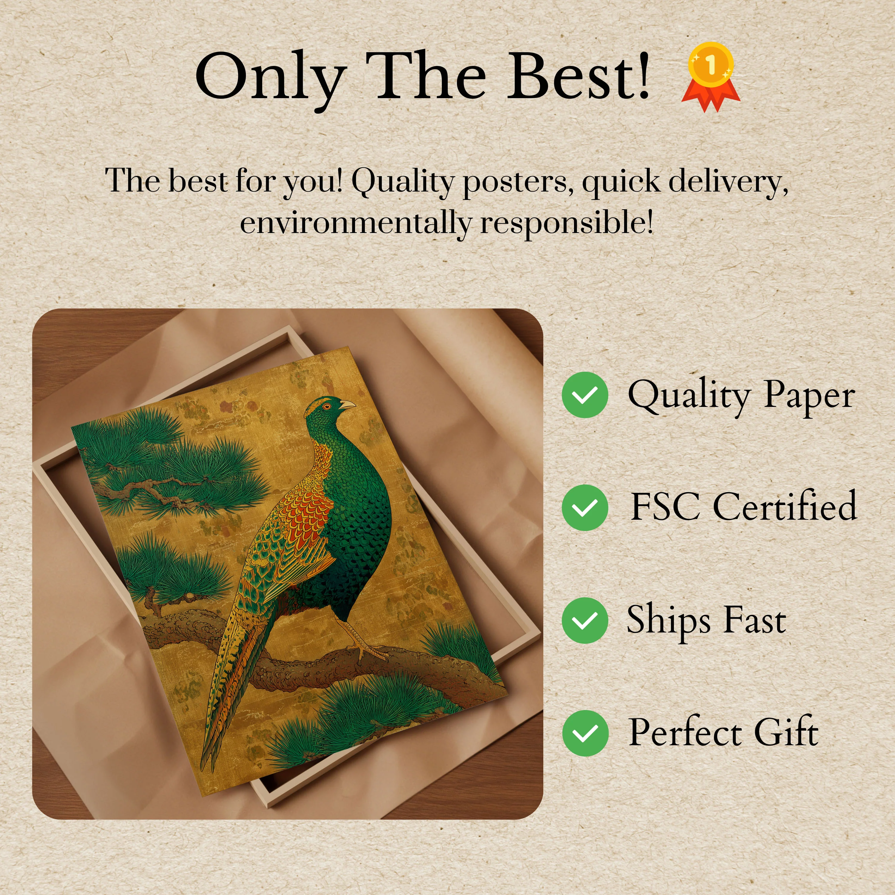 Green Pheasant on Gold Poster - Image 3