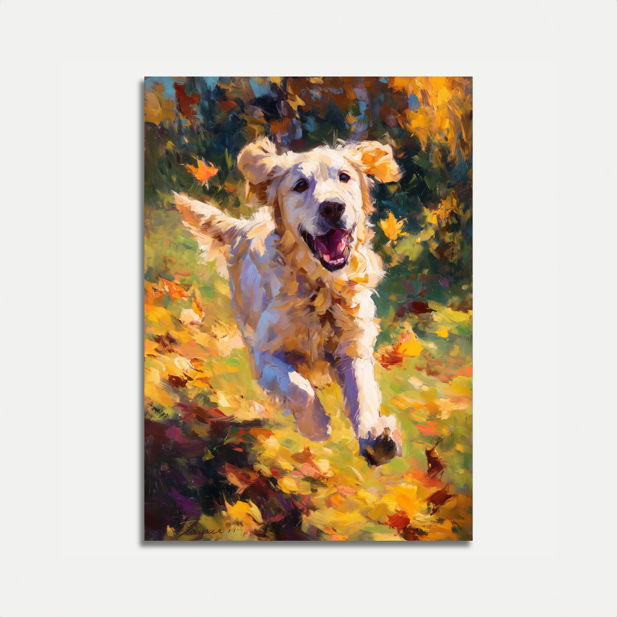 Happy Dog Running Through Flowers Poster