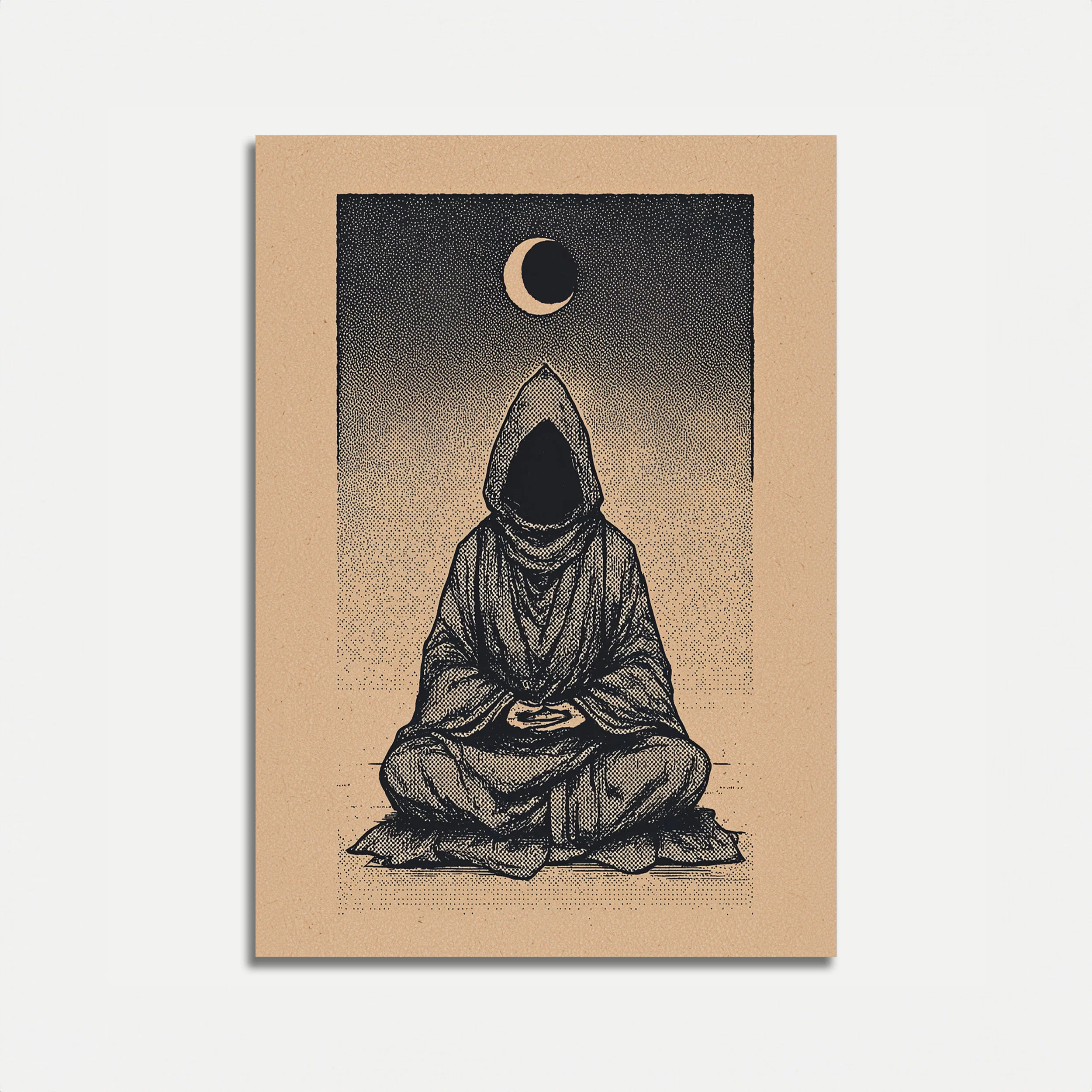 Hooded Monk Meditating Under Moon Poster