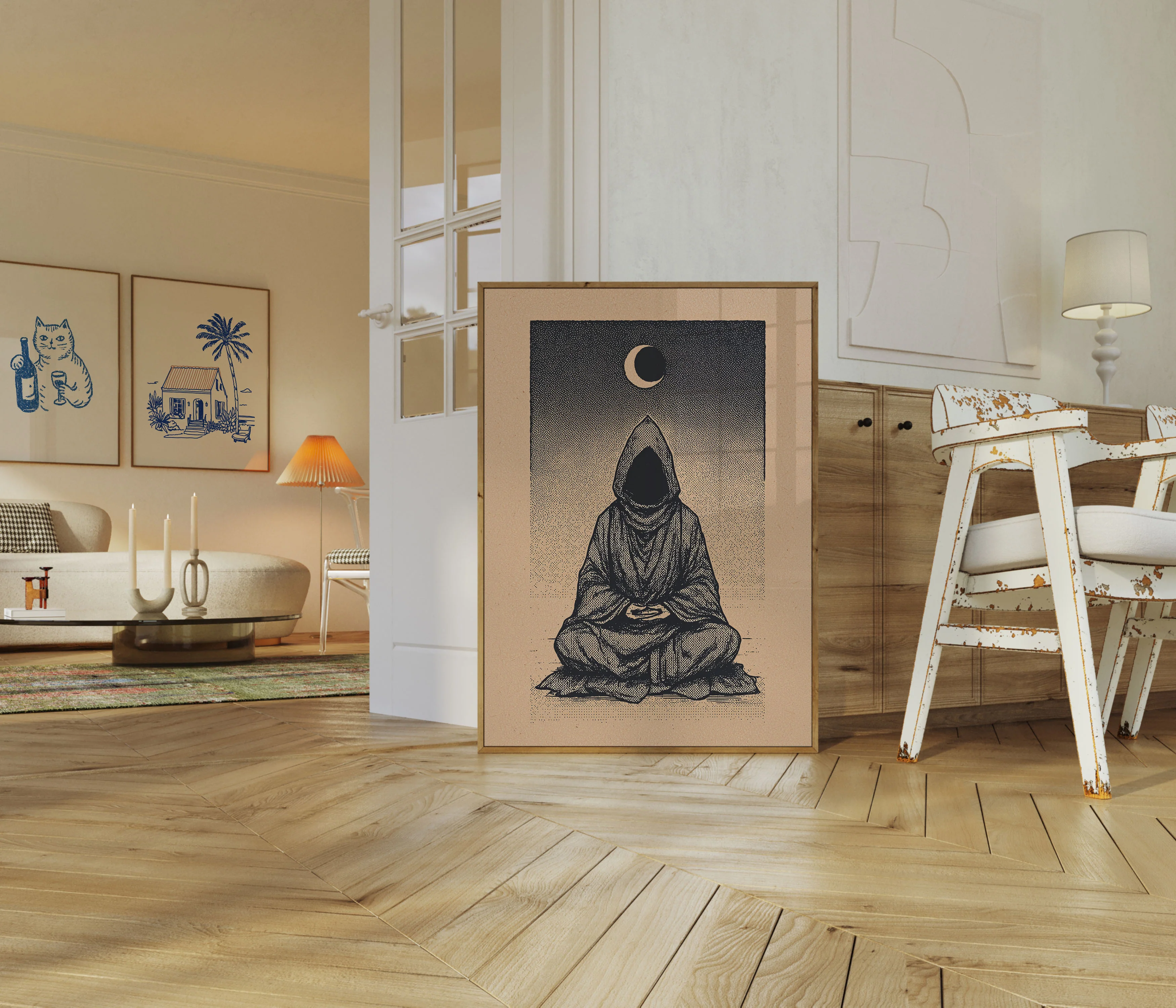 Hooded Monk Meditating Under Moon Poster - Image 5