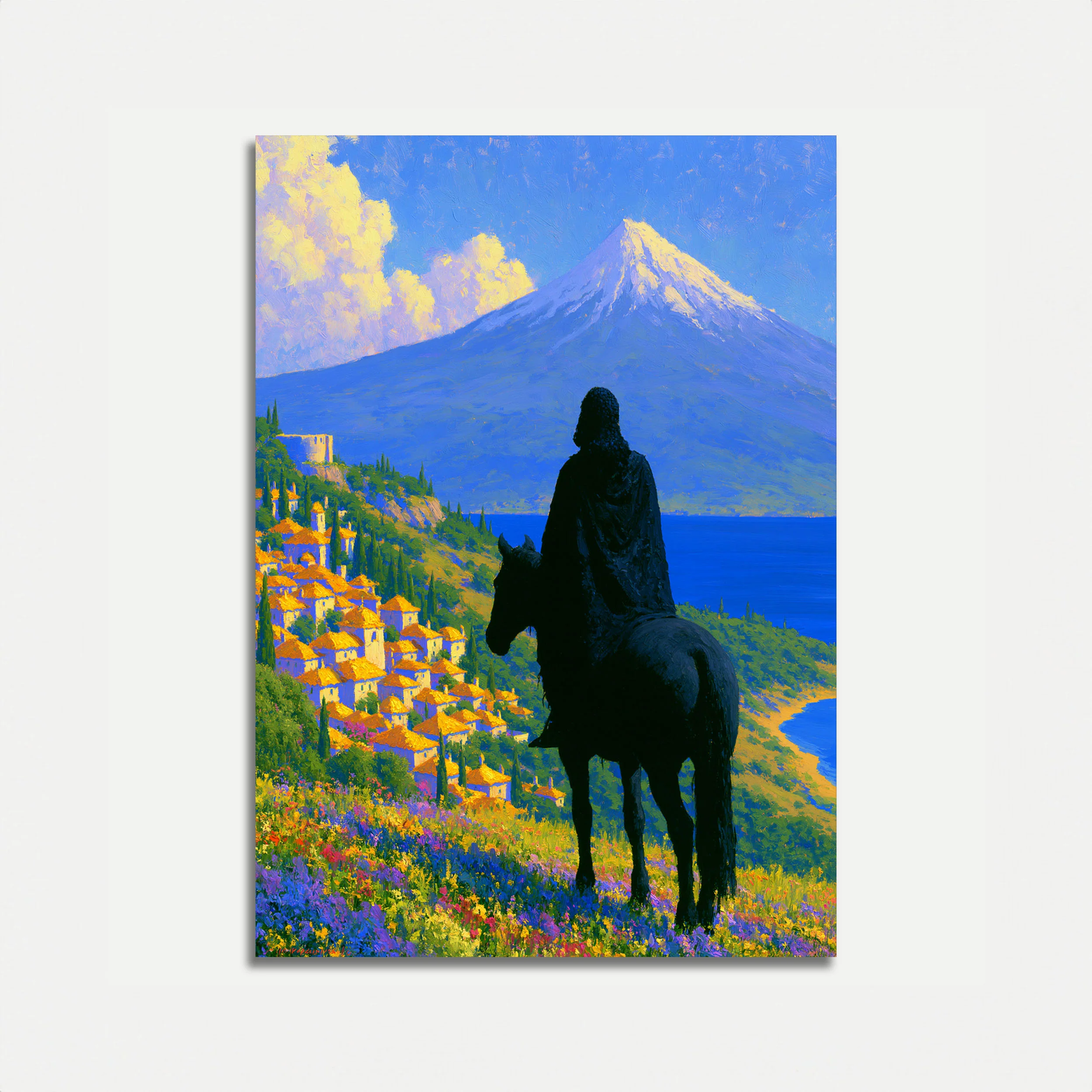 Horseman Overlooking Mount Fuji Poster
