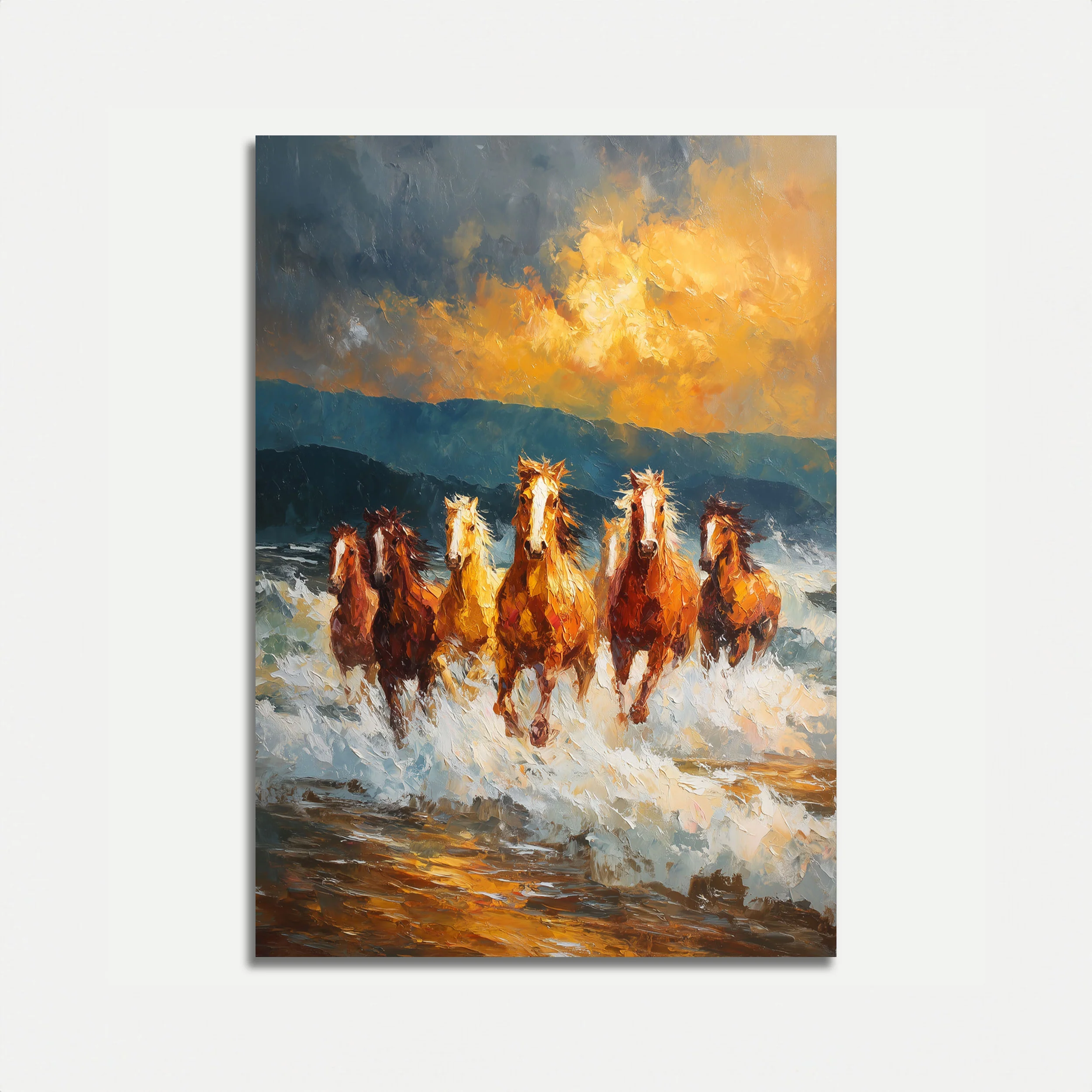 Horses Running Through Waves Poster