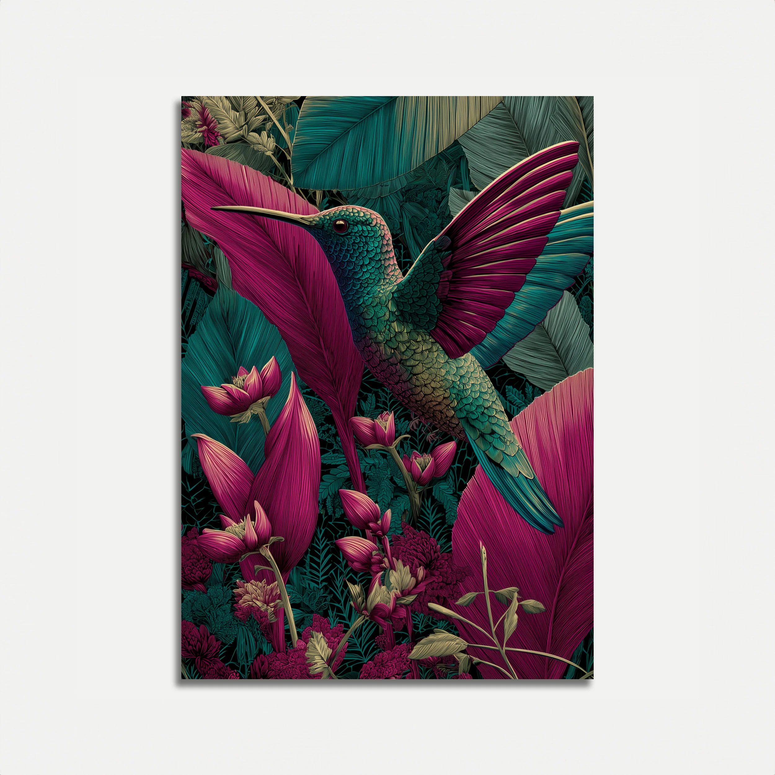 Hummingbird Among Tropical Flowers Poster