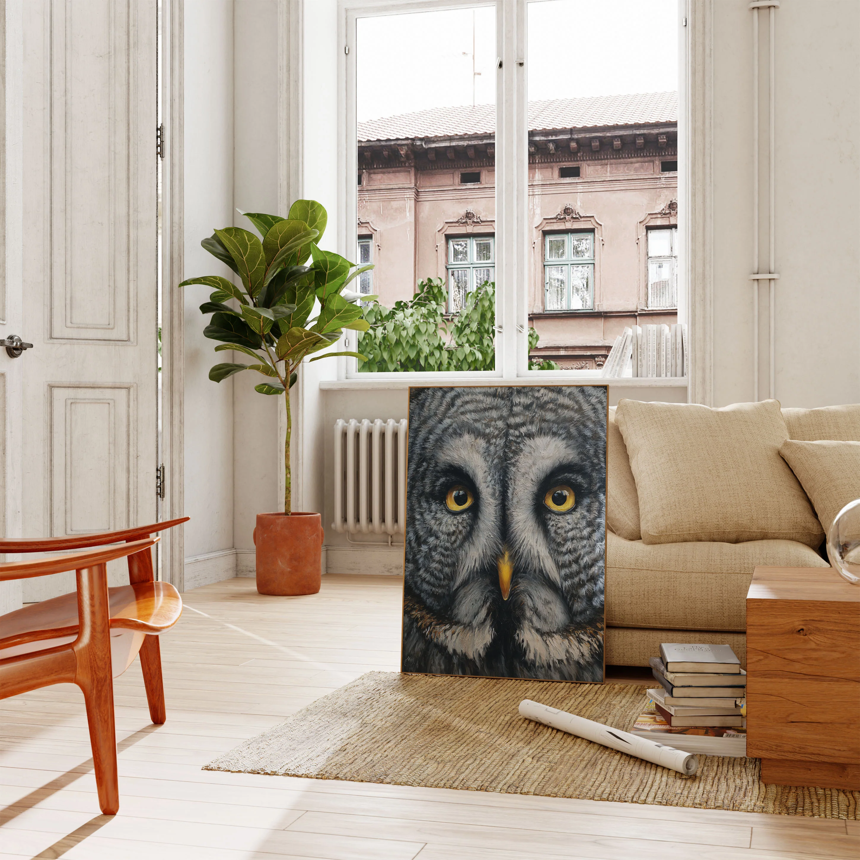 Intense Grey Owl Portrait Poster - Image 2