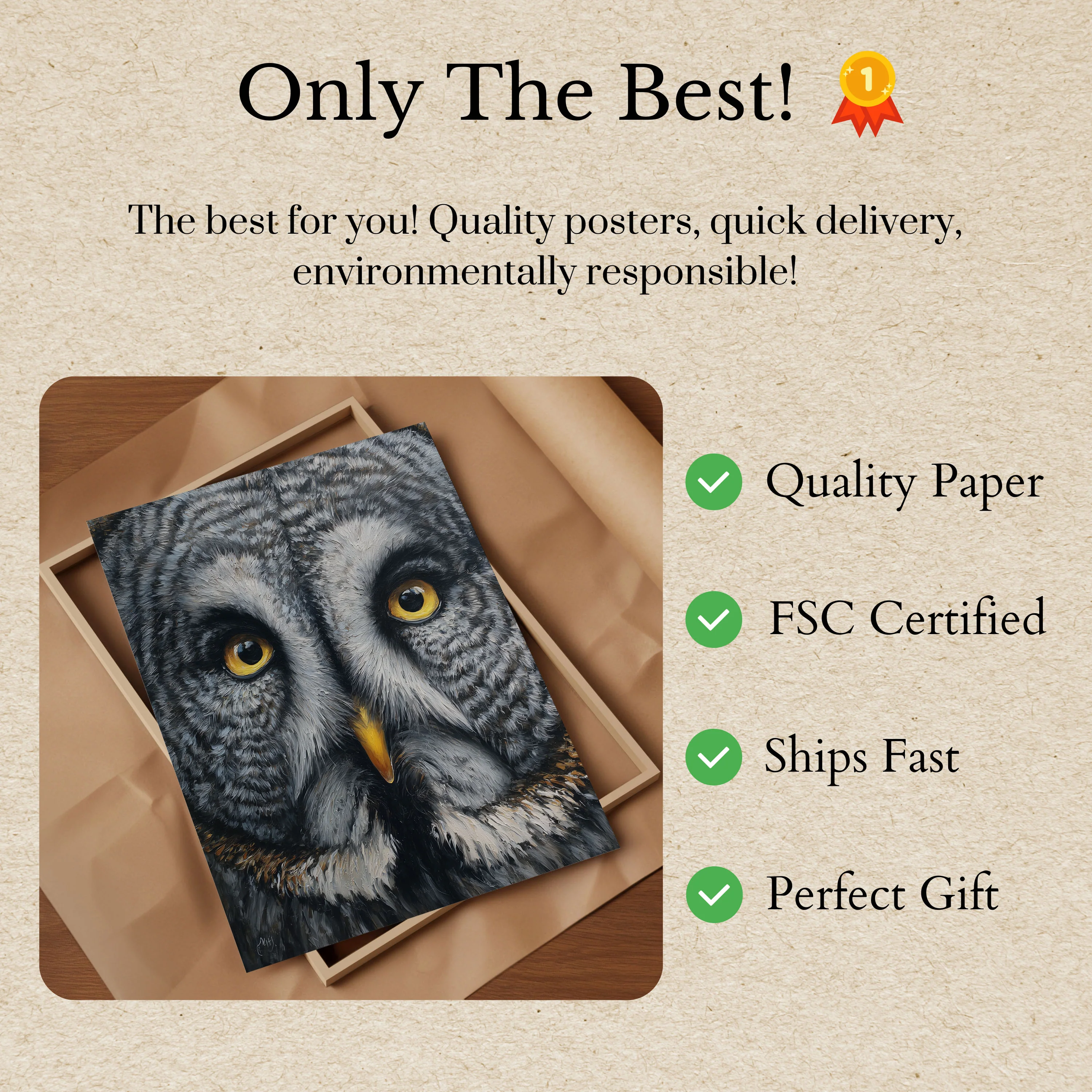 Intense Grey Owl Portrait Poster - Image 3